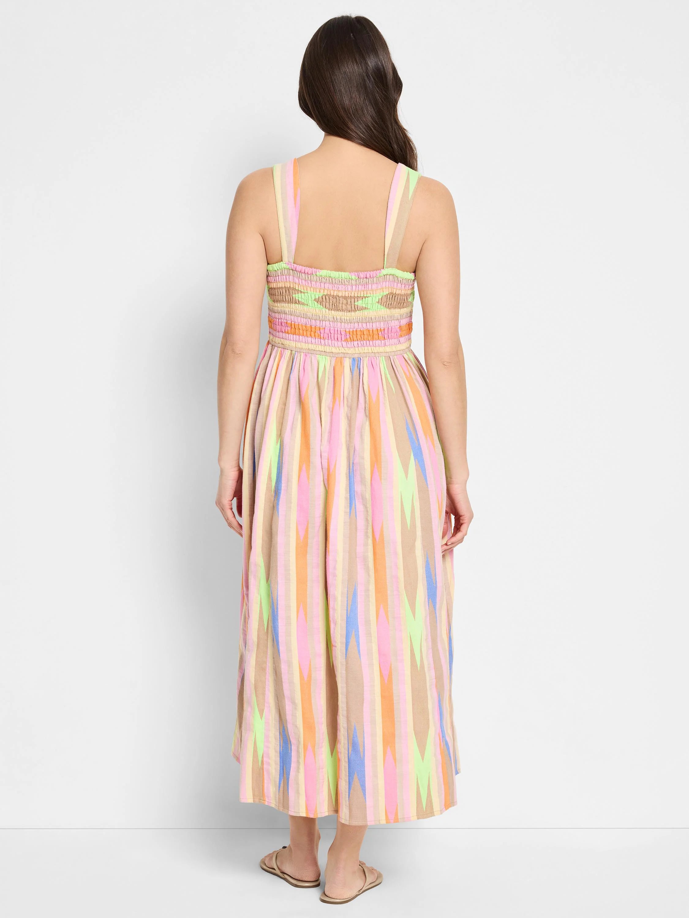 Midi dress, multicolored vertical stripes in pink, orange, light blue, lime green, and beige. Smocked bodice, thin straps.