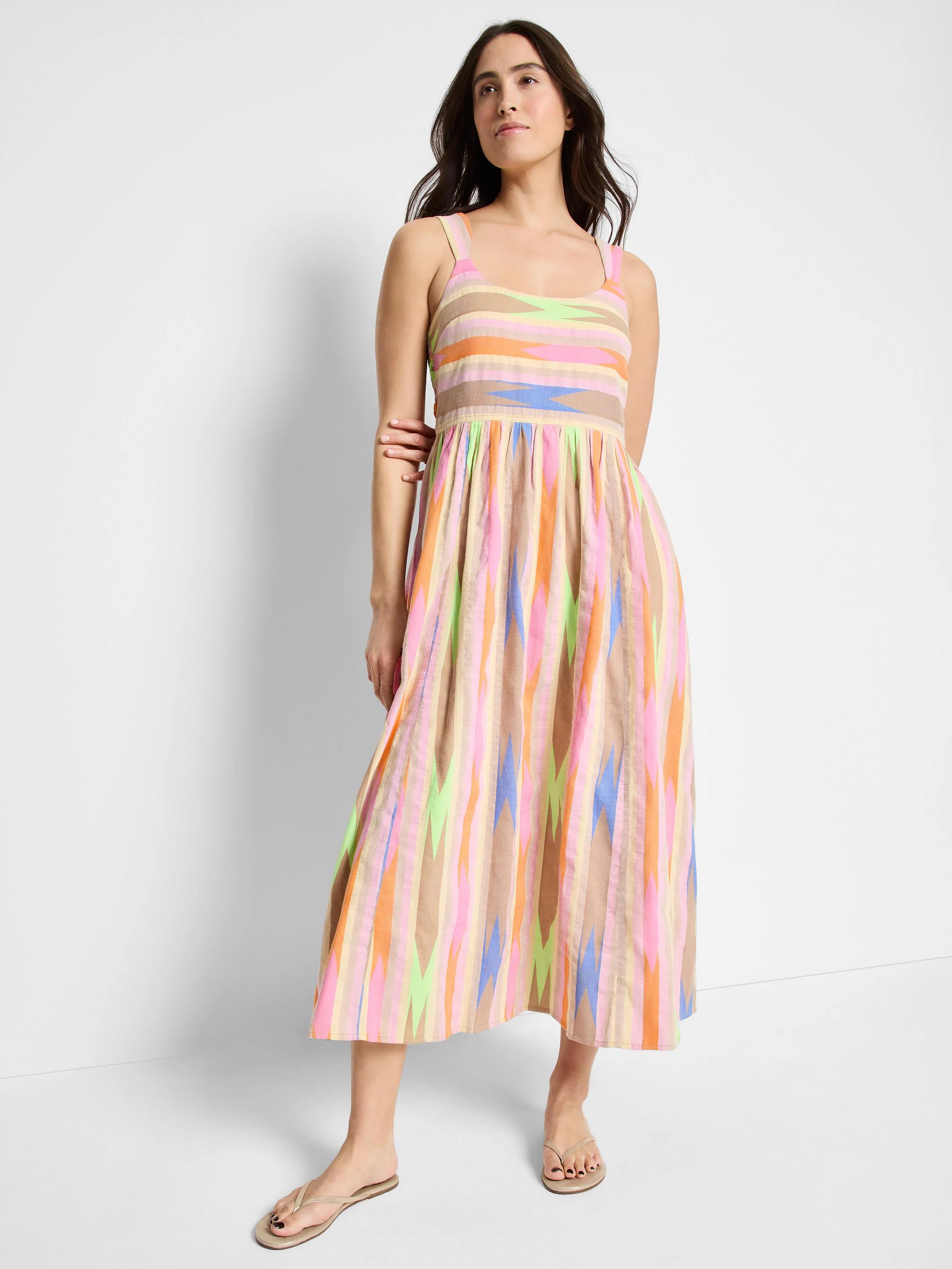 Midi dress, sleeveless, square neck. Multicolored vertical stripes with pink, orange, beige, light green, and blue. ...