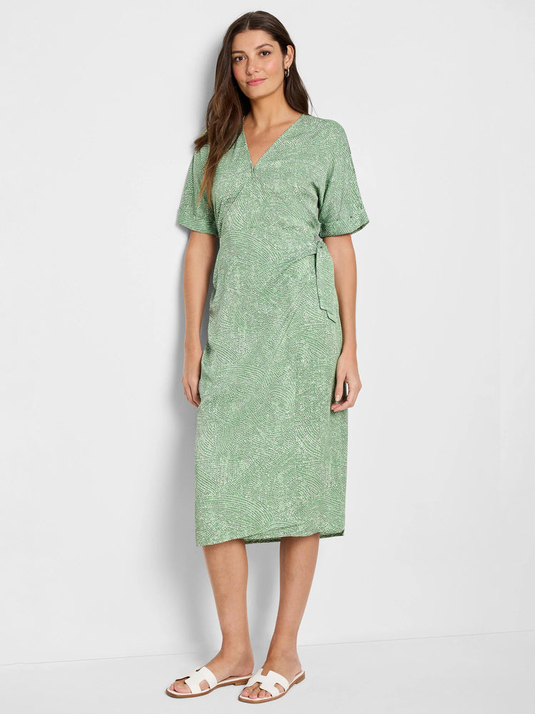 Green midi wrap dress with a light-colored swirling pattern. Short sleeves, V-neck.