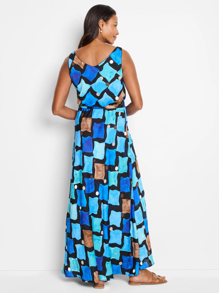 Maxi dress, sleeveless, V-neck. Blue, teal, brown, and black abstract print on a black background.