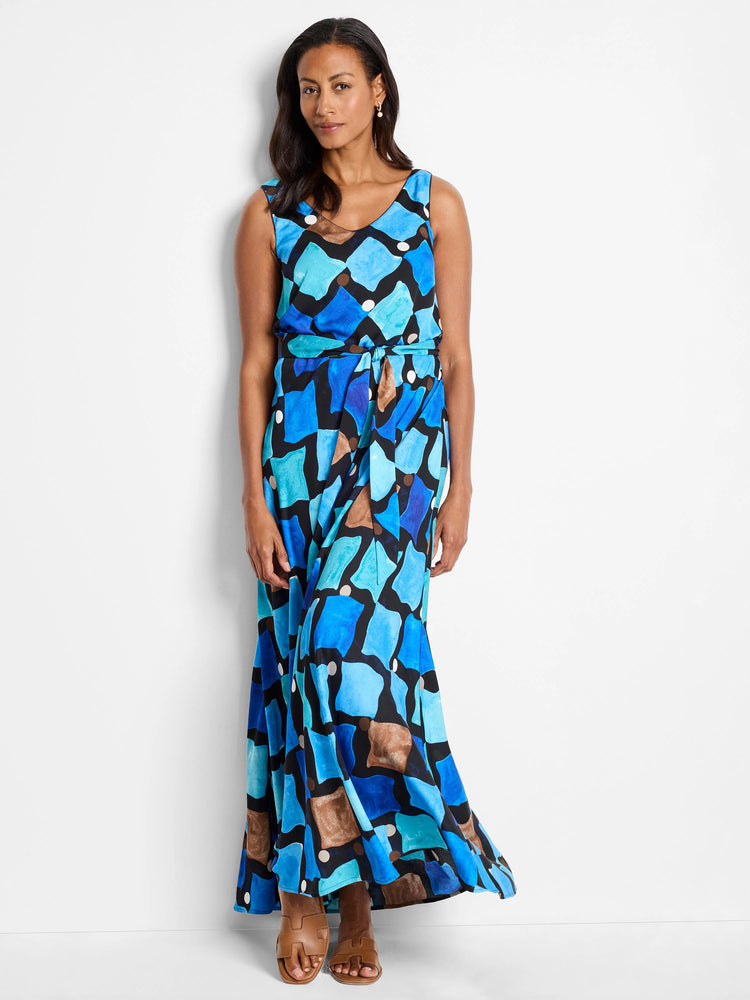 Maxi dress, sleeveless, V-neck. Blue, teal, brown, black abstract print on black background. Belted waist.