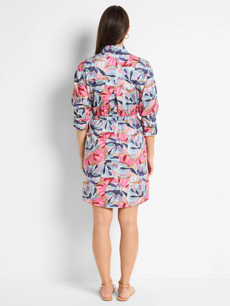 Pink, blue, and taupe abstract floral print mini shirt dress with an elasticized waist. Three-quarter sleeves.