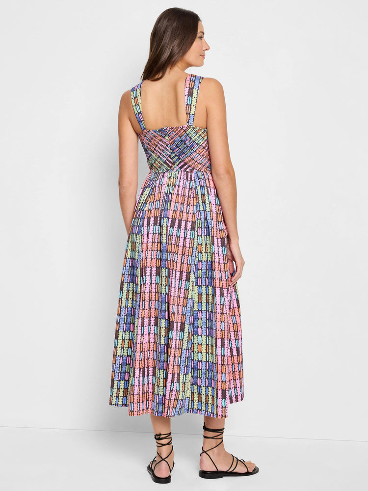 Midi dress, sleeveless, square neck. Multicolored geometric print; pinks, blues, greens, oranges on dark background. ...