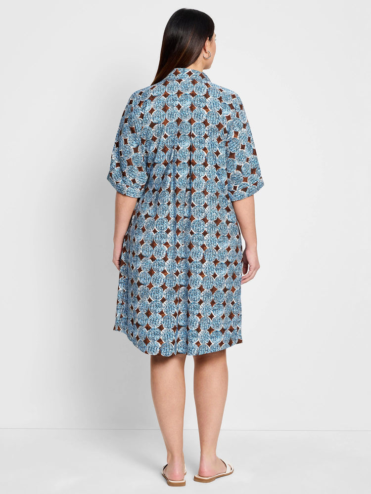 Blue and brown patterned knee-length dress. Short sleeves, collared. Back view.