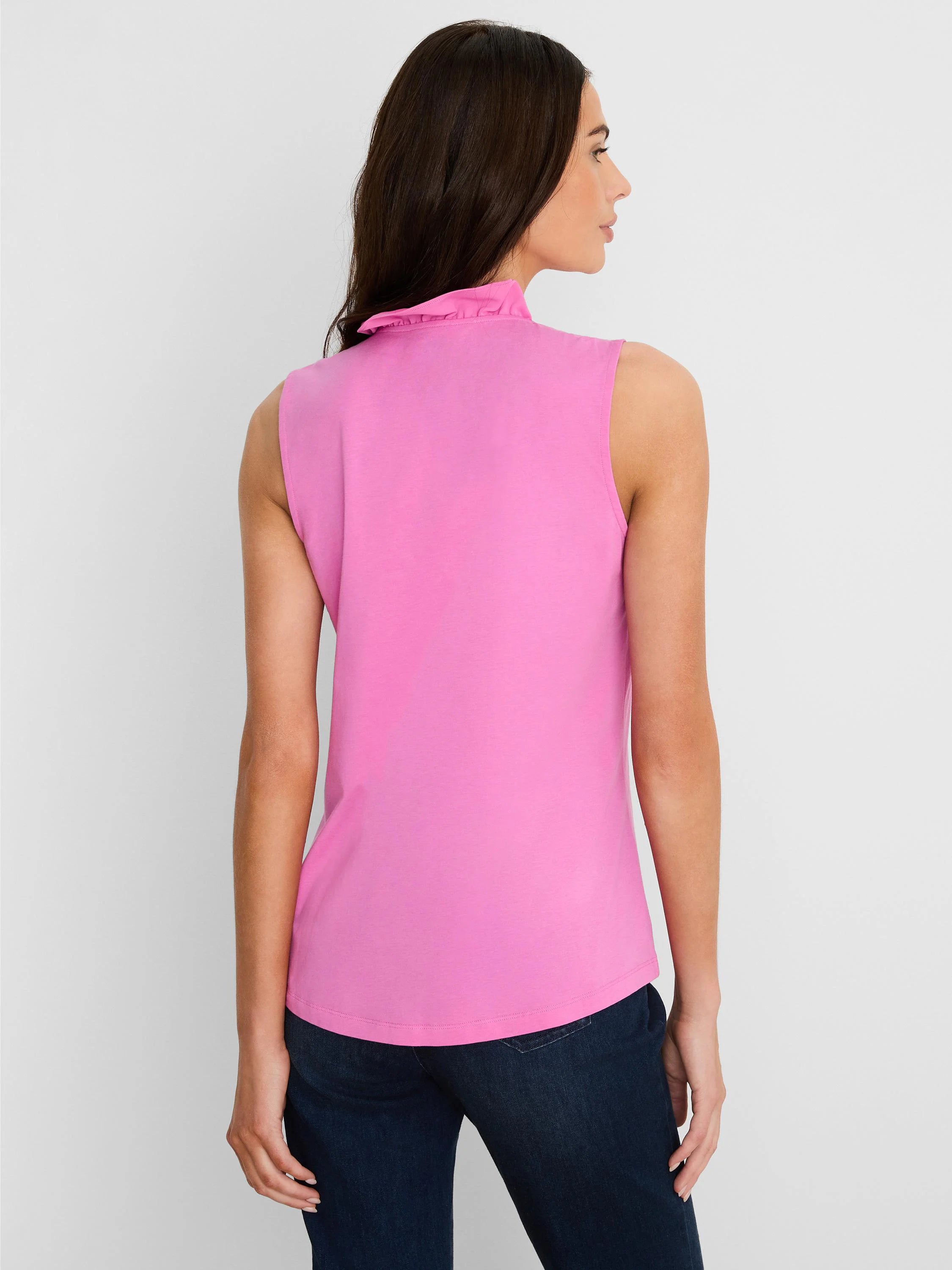 Fuchsia sleeveless tank with ruffled collar.