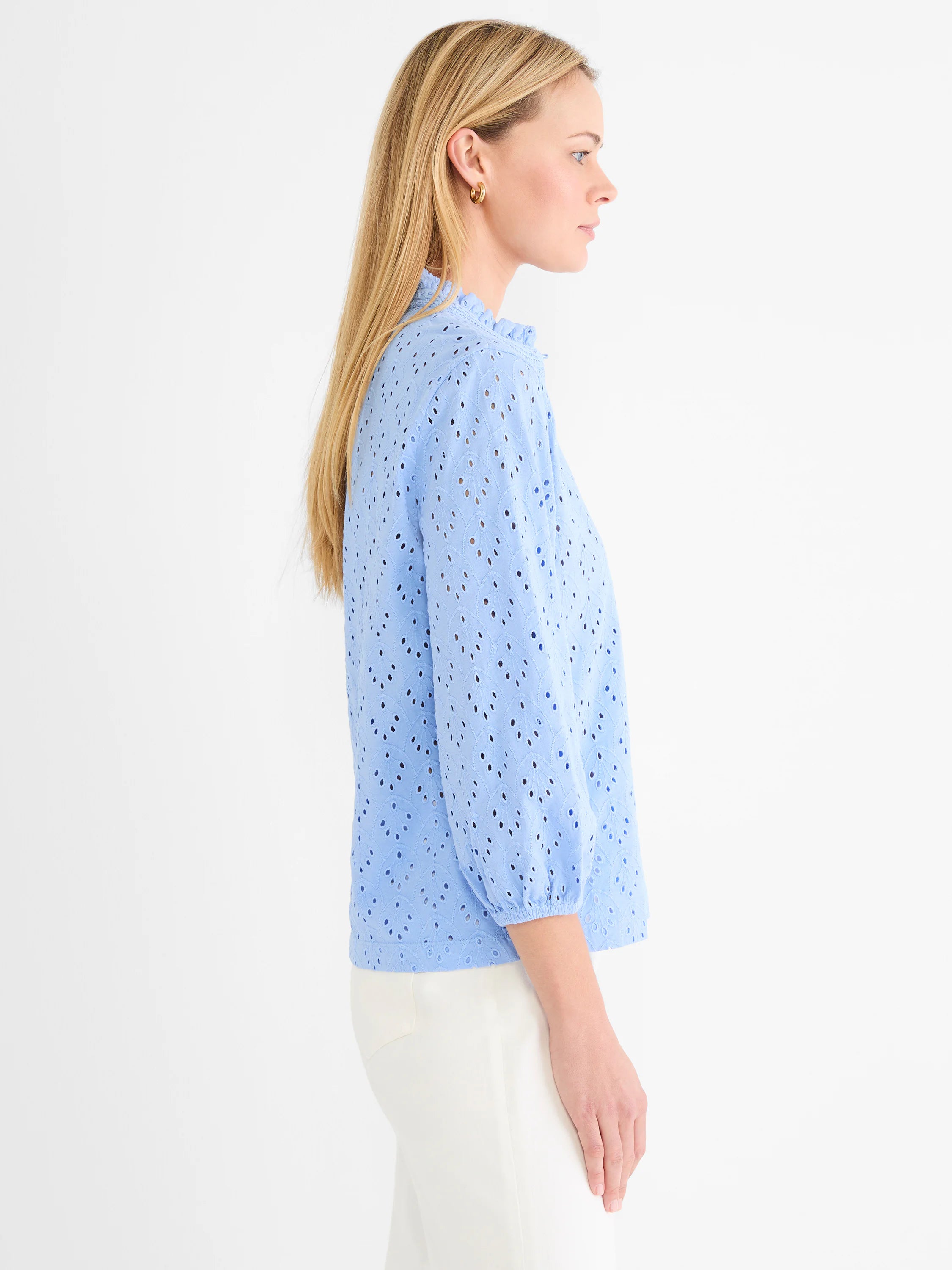 Light blue eyelet knit top featuring a ruffle neck and 3/4 sleeves with elasticized cuffs.