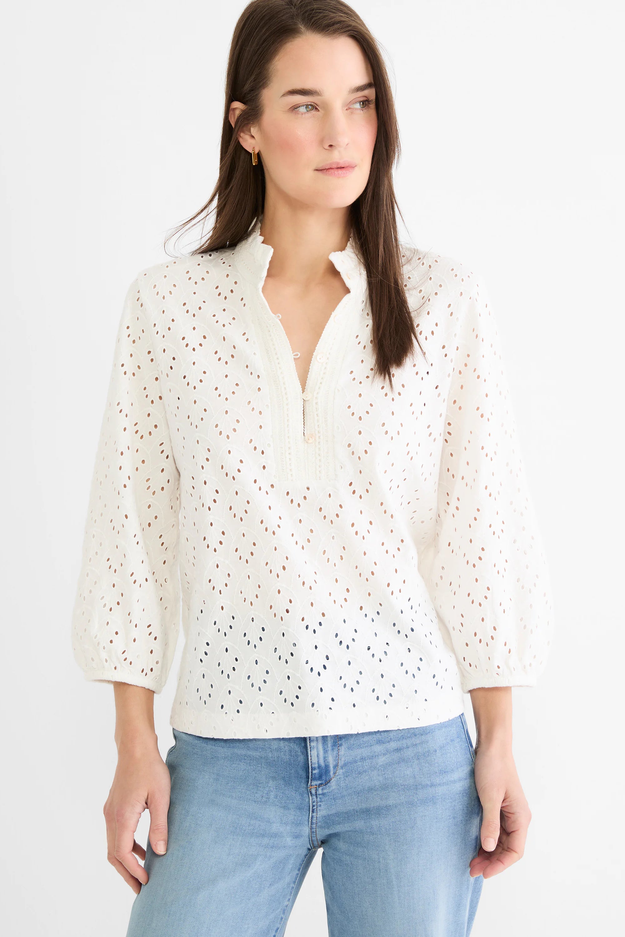 Off-white knit eyelet top with ruffled stand collar, button V-neck, and 3/4 puff sleeves.