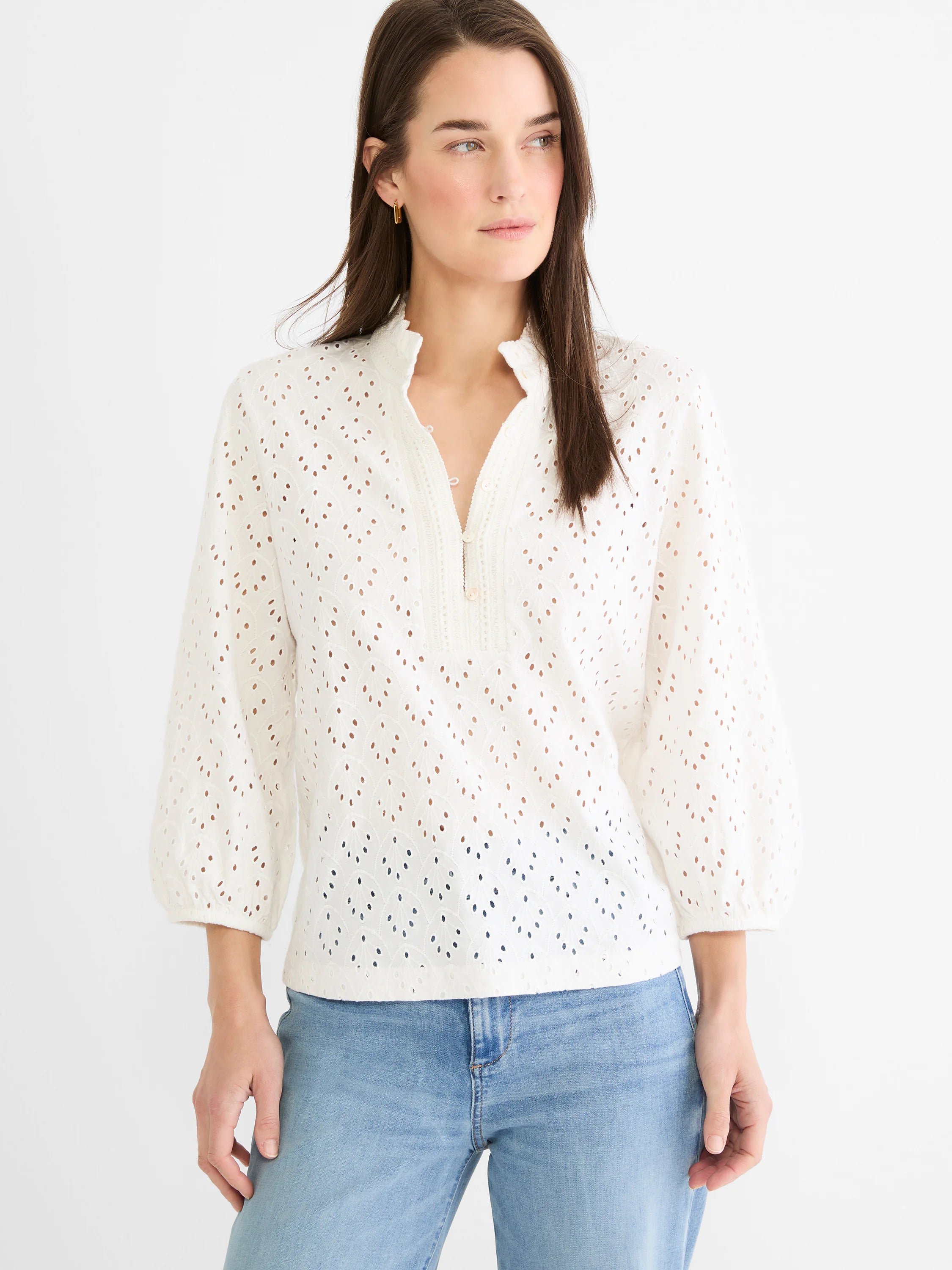 Off-white knit eyelet top with ruffled stand collar, button V-neck, and 3/4 puff sleeves.