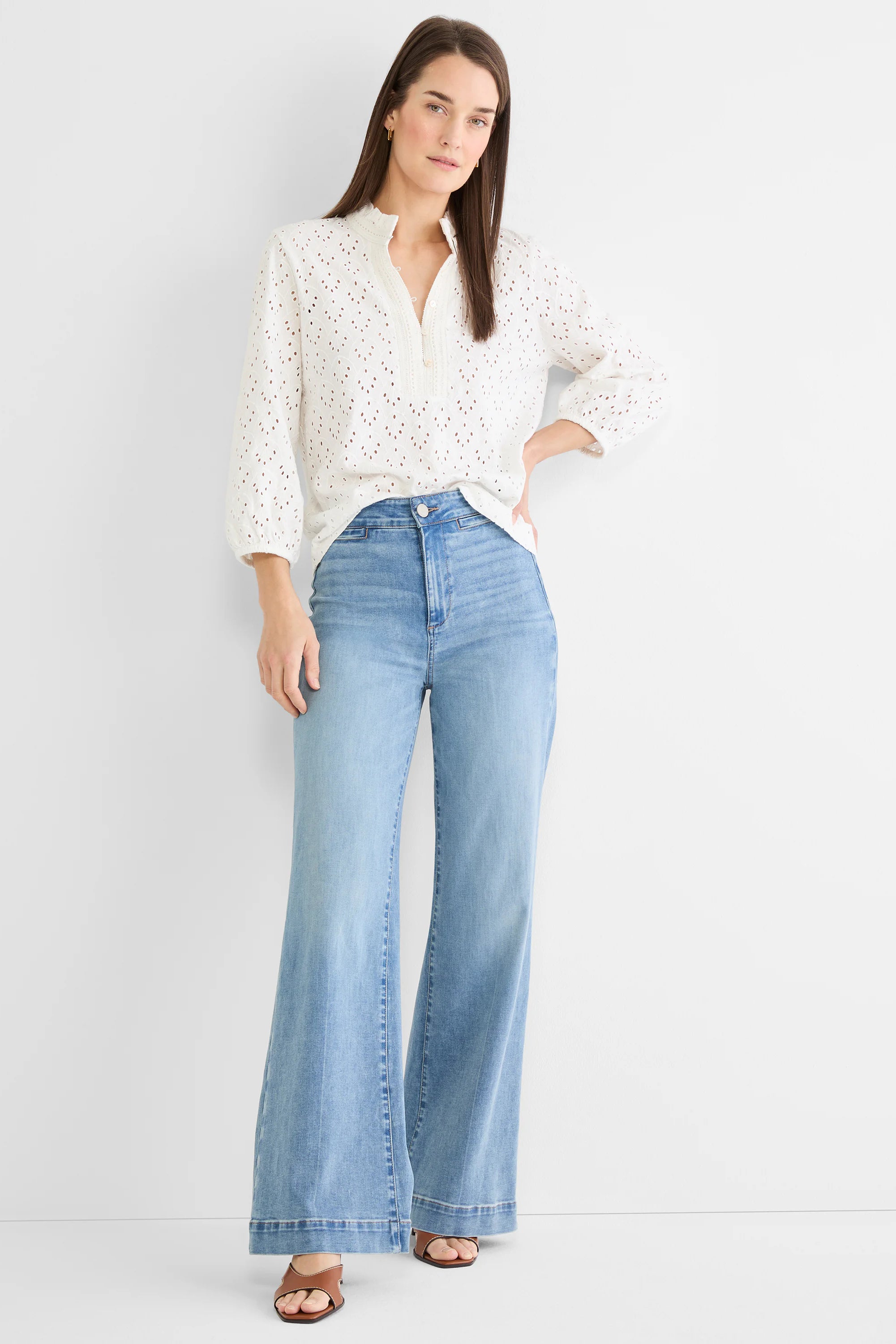 Off-white eyelet top with a subtle ruffle stand collar, split V-neck, and 3/4 length sleeves.