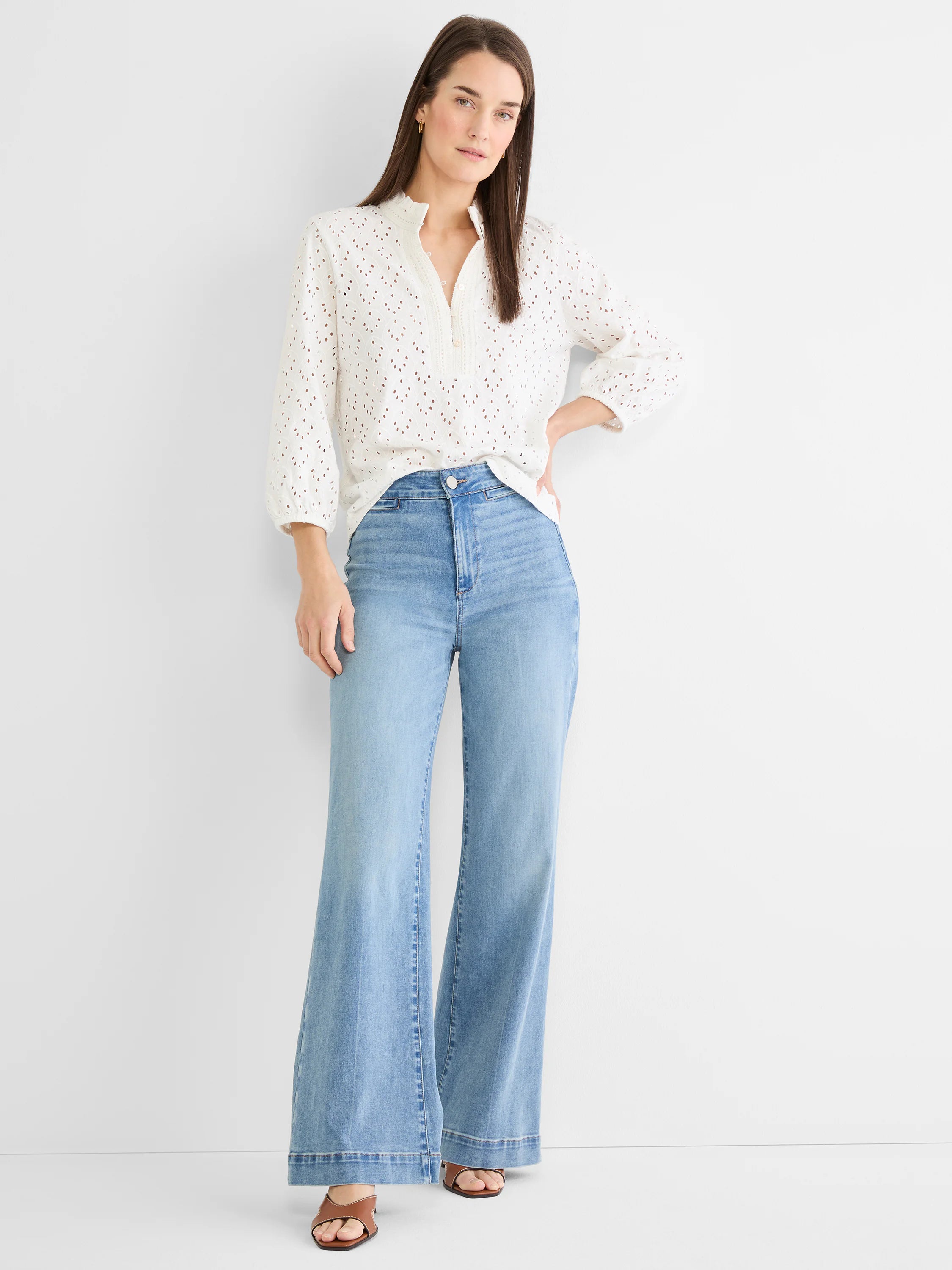 Off-white eyelet top with a subtle ruffle stand collar, split V-neck, and 3/4 length sleeves.