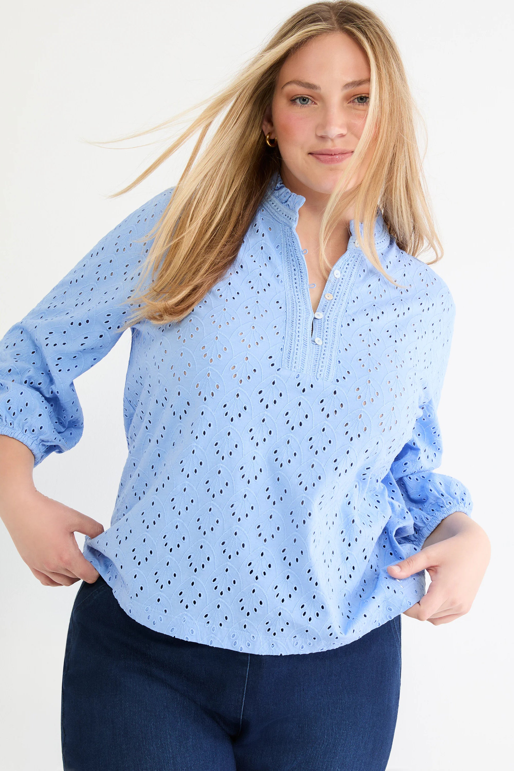 Light blue eyelet top with ruffled stand collar, buttoned V-placket, and gathered long sleeves.