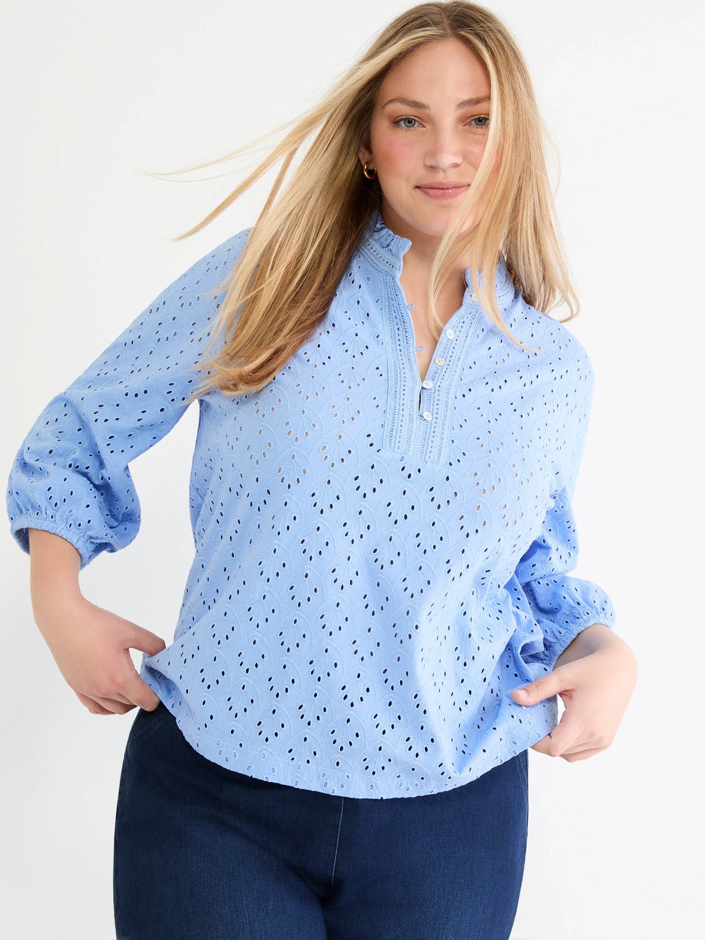 Light blue eyelet top with ruffled stand collar, buttoned V-placket, and gathered long sleeves.