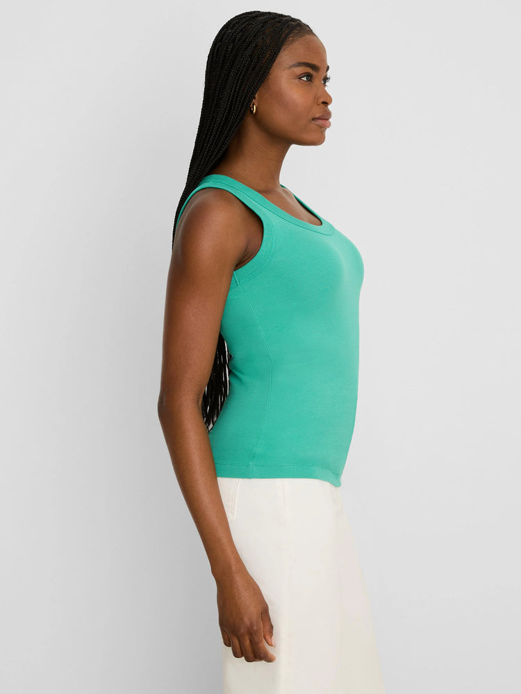 Bright teal green ribbed knit scoop neck tank top. Sleeveless.