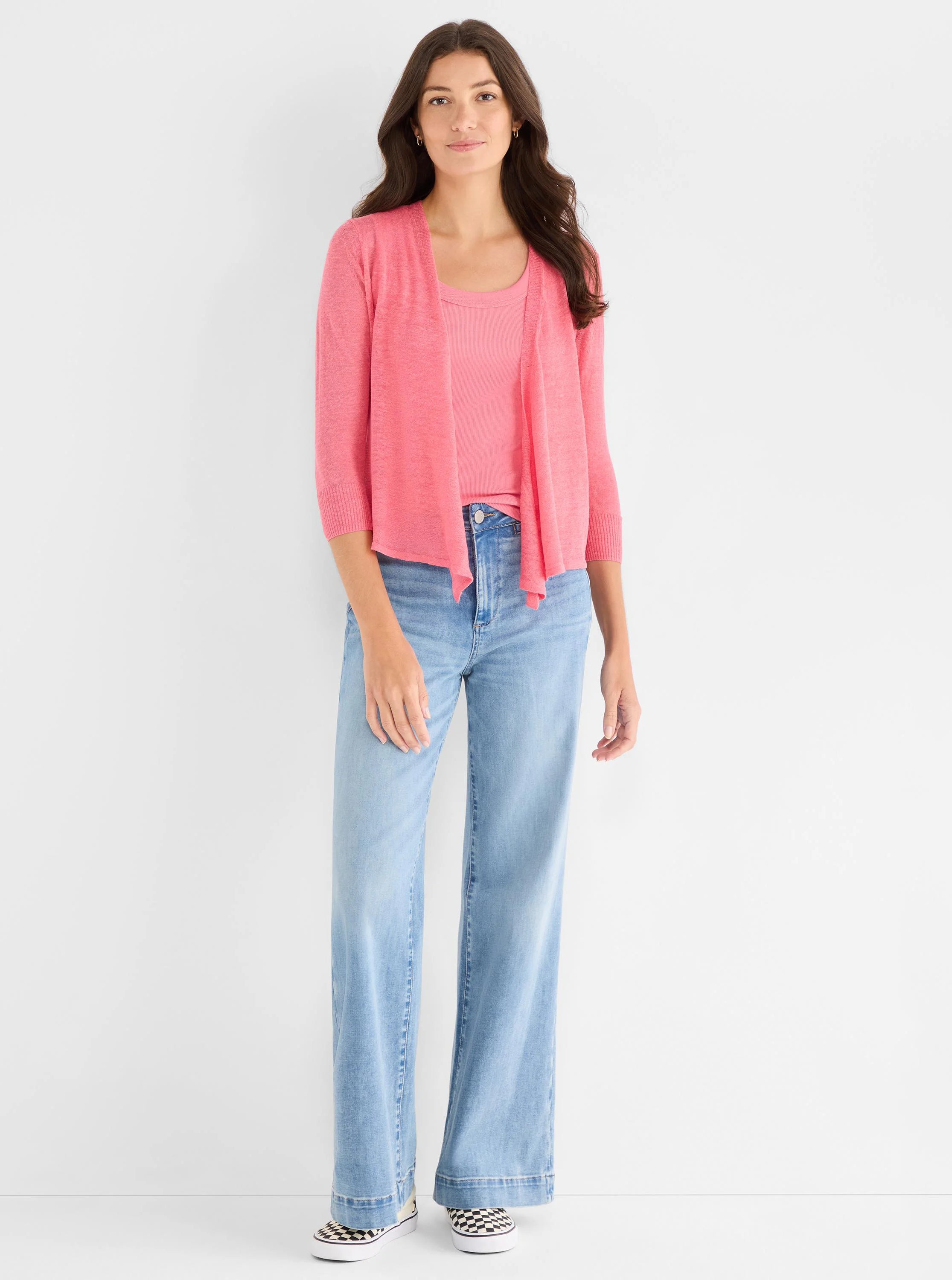 Coral pink ribbed scoop neck tank, shown under a matching cardigan.