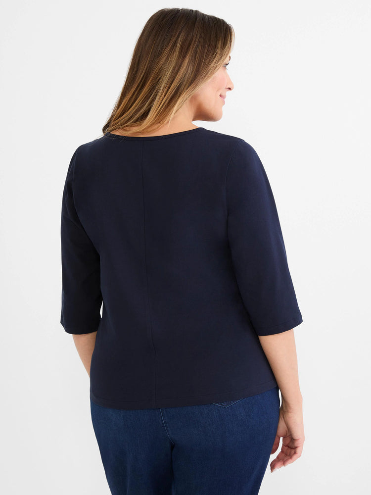 Navy blue 3/4 sleeve top with a round neckline and a vertical seam down the back.