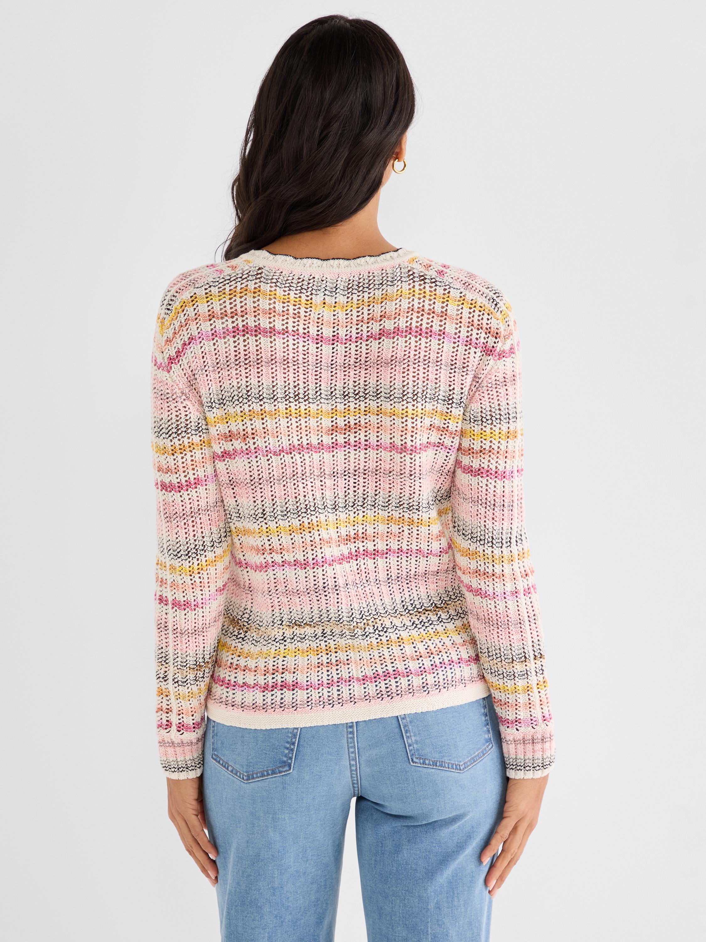 A standard-fit, sheer multicolor striped knit sweater with an open crochet texture is worn by the model.