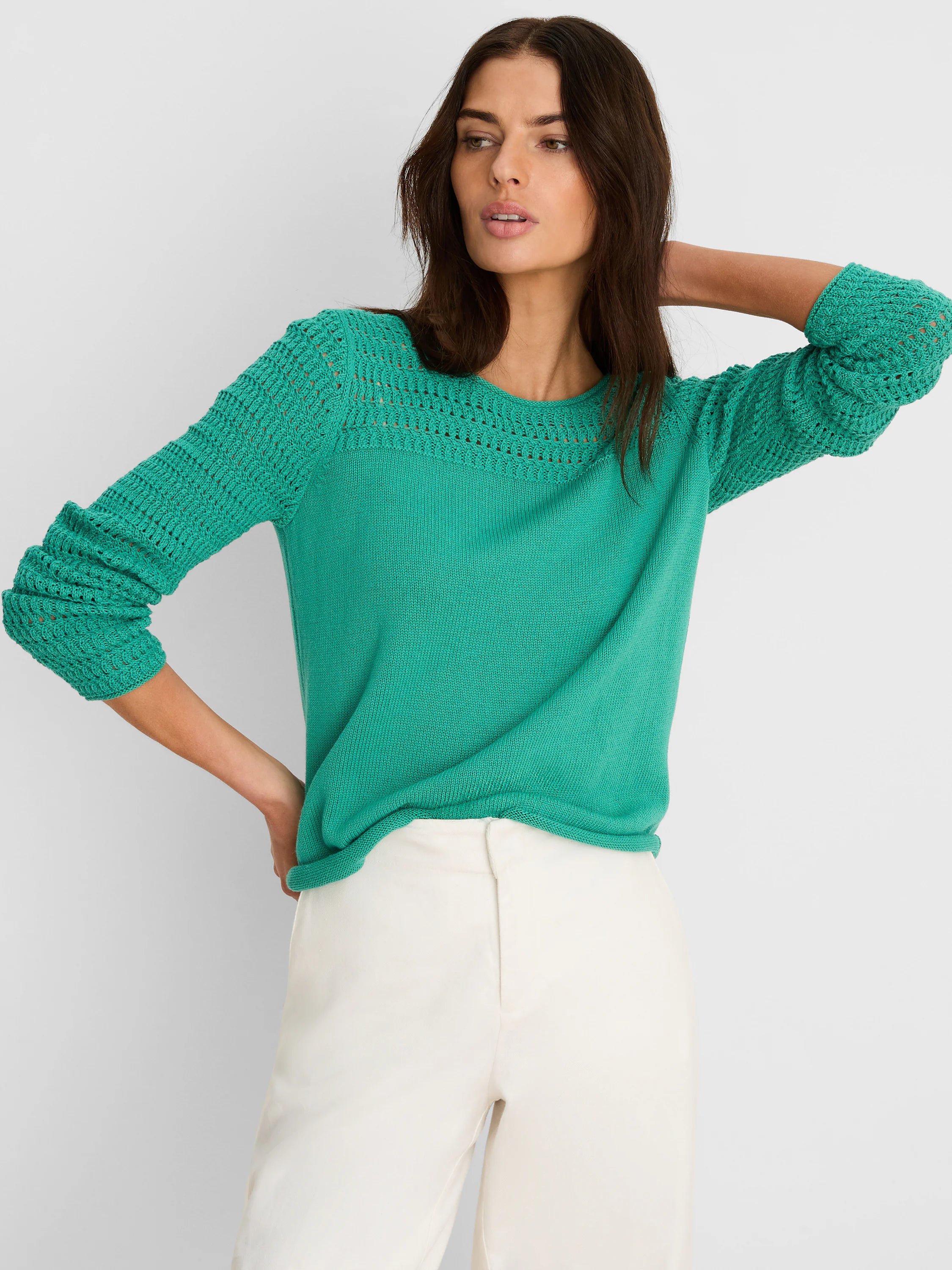 Emerald green sweater with a round neck. Pointelle knit detailing on yoke and long sleeves.