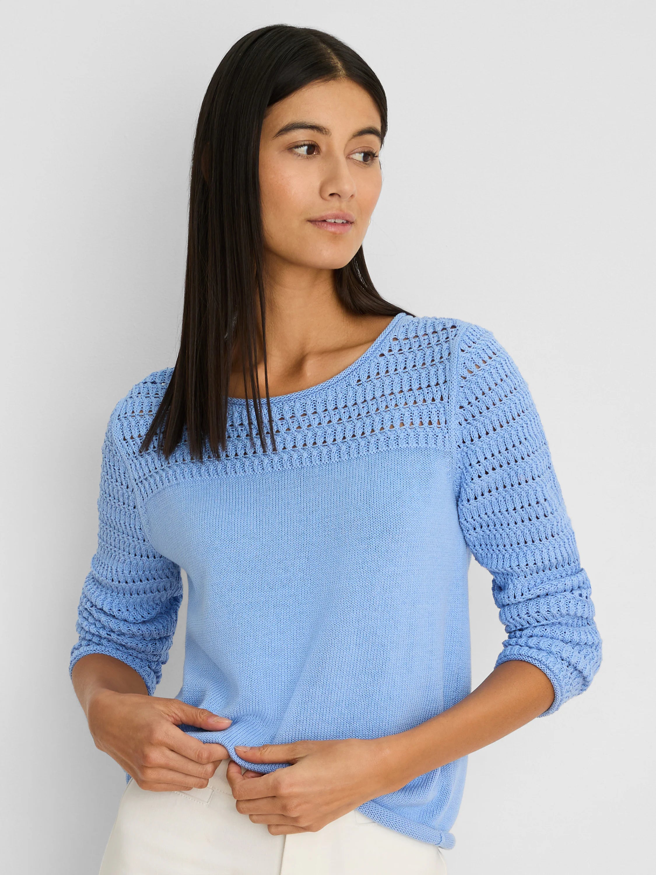 Light blue boat neck sweater. Pointelle knit on shoulders/sleeves, solid knit main body.