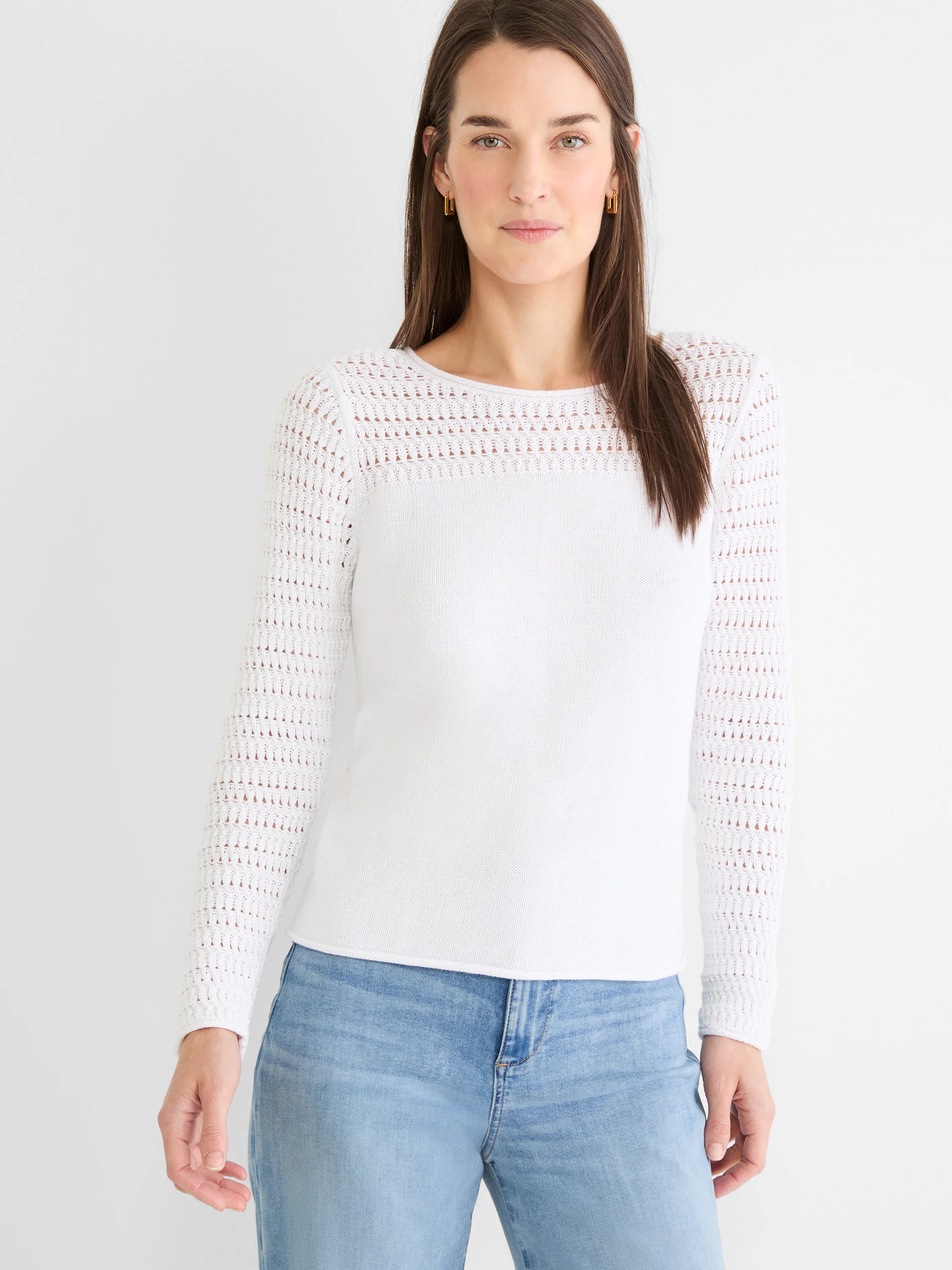 White long-sleeve sweater with pointelle knit on sleeves and upper chest, solid knit body.