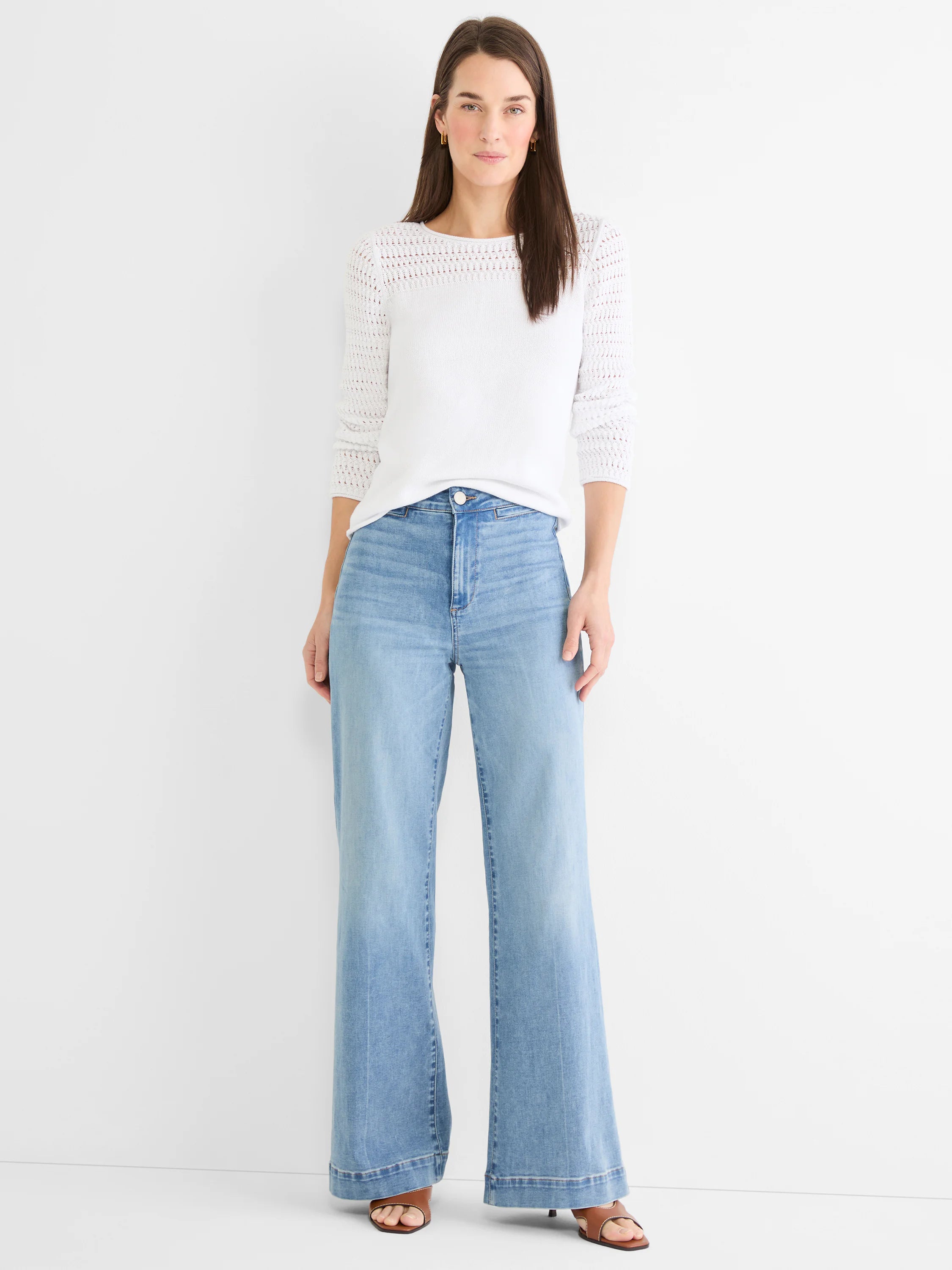 White sweater with pointelle knit details on long sleeves & shoulders, round neck.