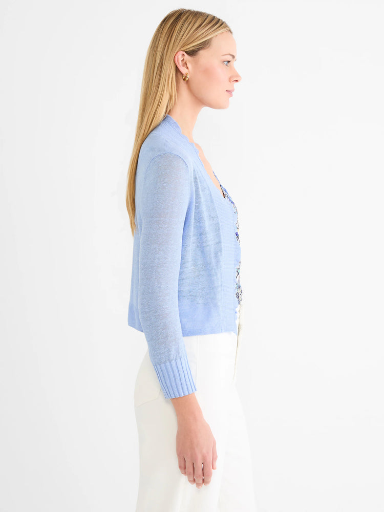 Light blue featherknit open cardigan with a subtle ruffled edge and ribbed cuffs.