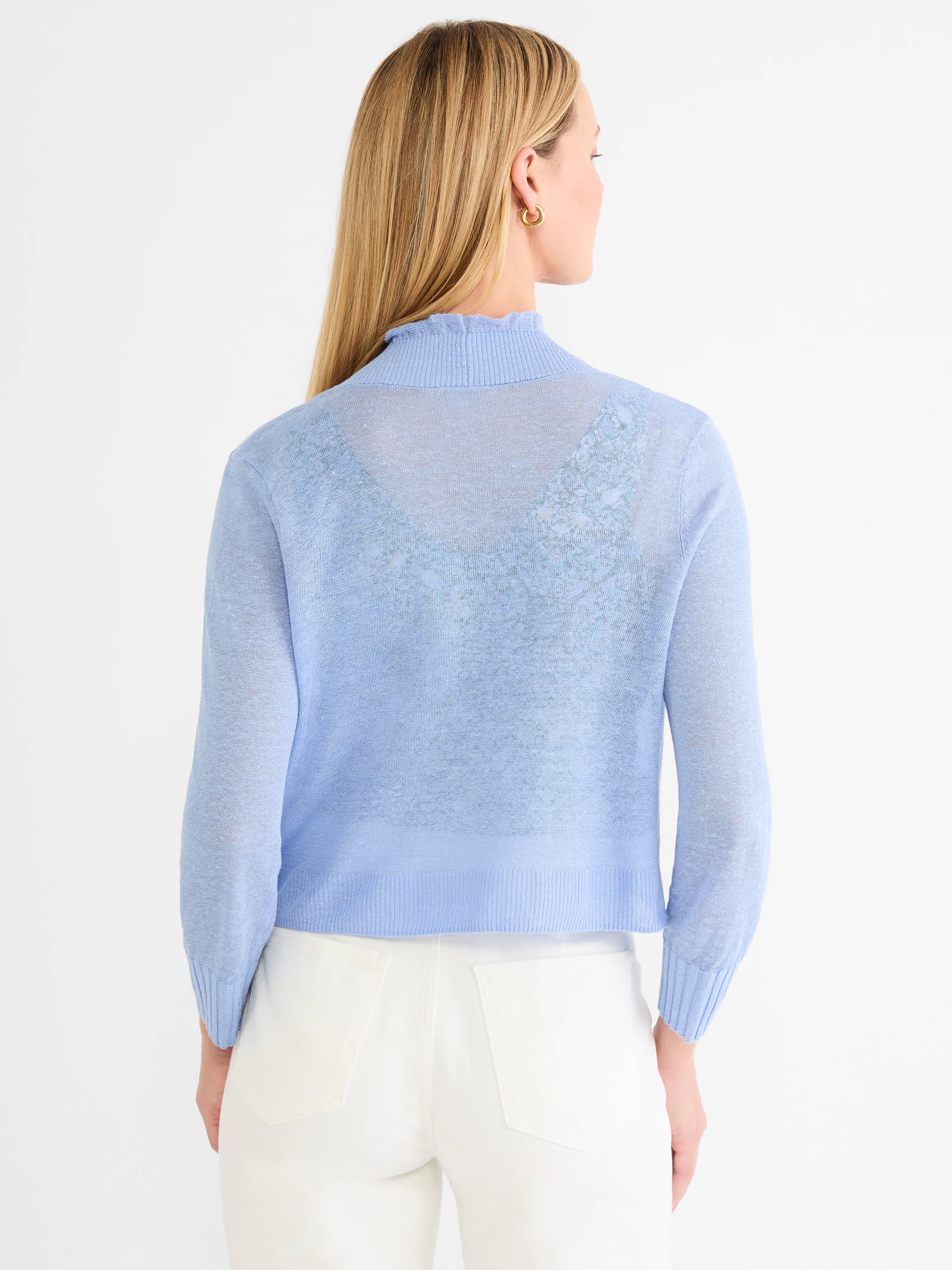 Light blue featherknit cardigan with a ruffle neck, sheer knit, and ribbed cuffs & hem, shown from the back.