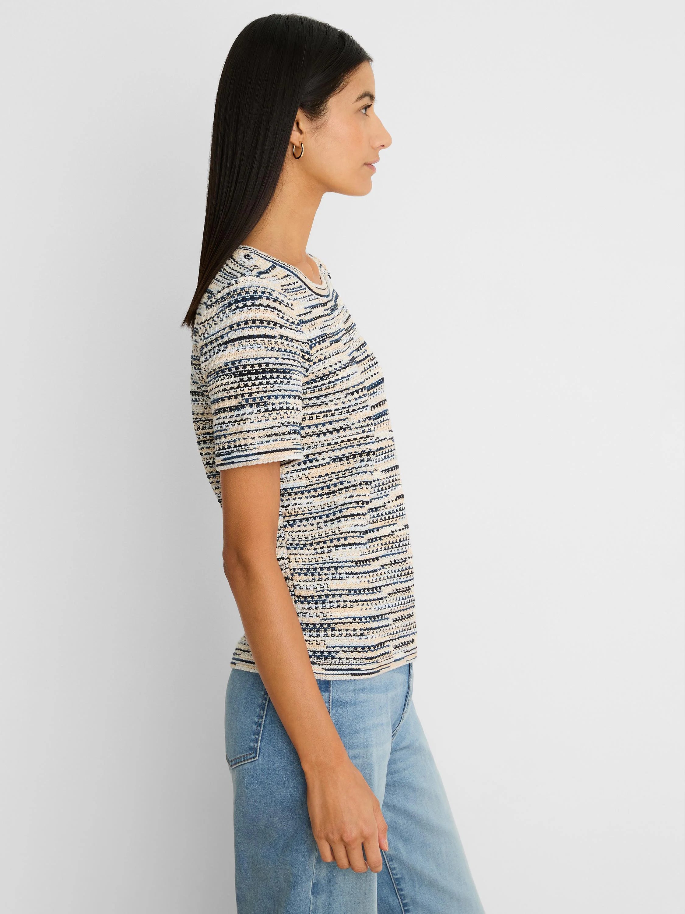 Short-sleeve sweater tee with textured spacedye knit in cream, dark blue, and light blue stripes.