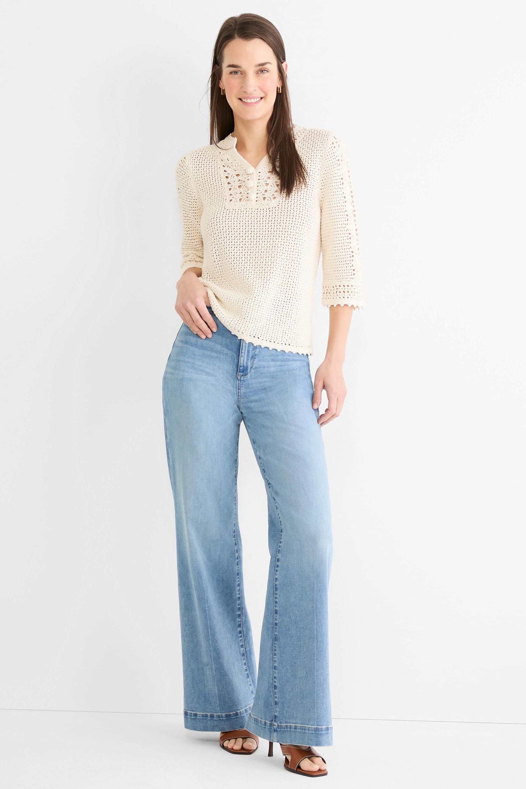Cream crochet mesh sweater with a polo collar, 3/4 sleeves, and scalloped edges.