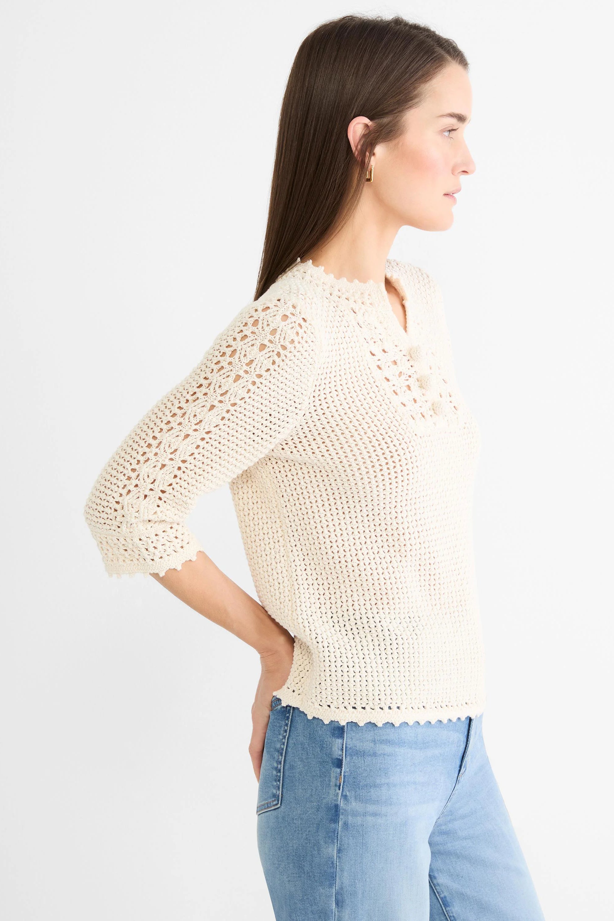 Cream crochet sweater with 3/4 sleeves, scalloped trim, openwork mesh design, and small floral details.