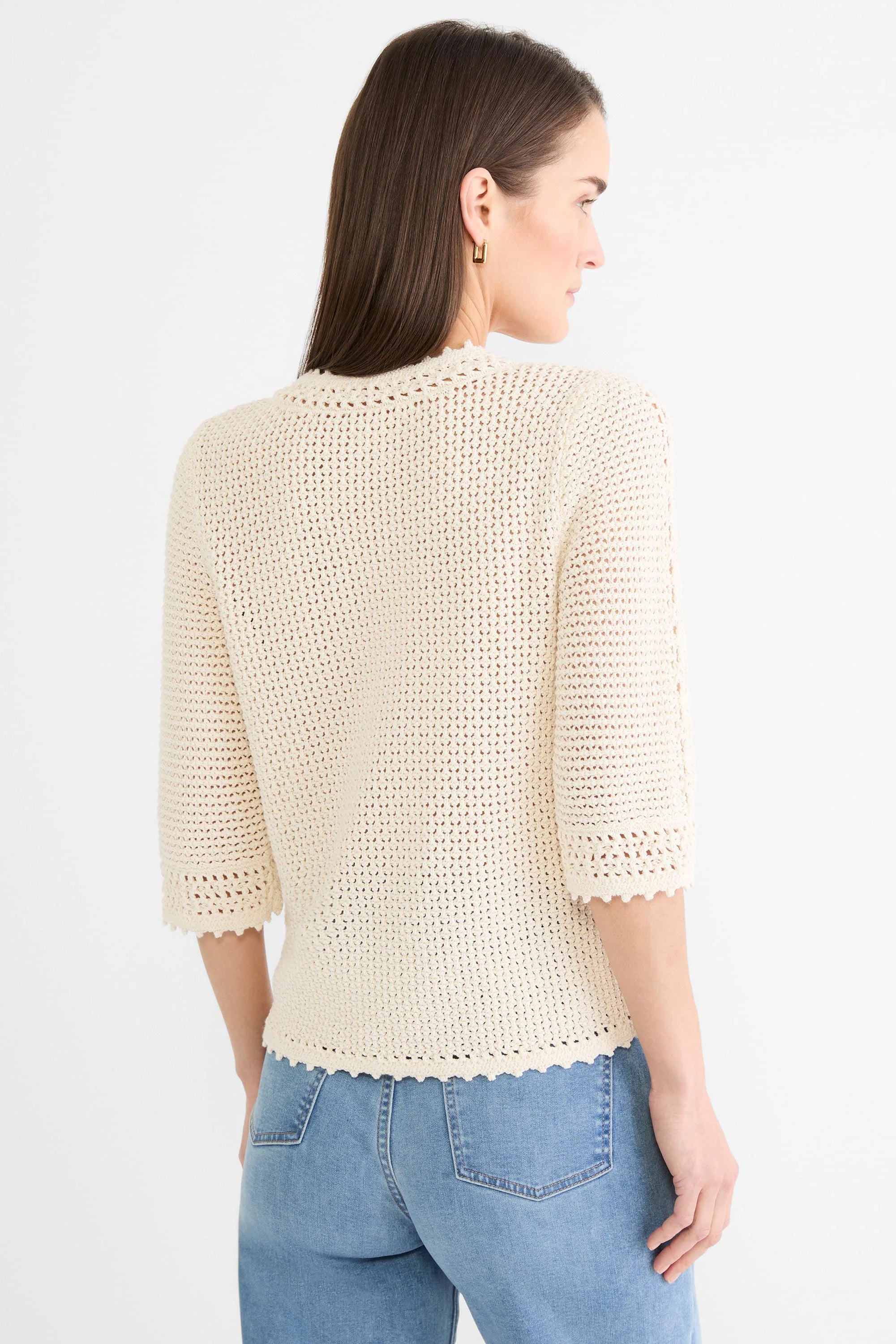 Cream crochet mesh sweater with 3/4 sleeves and scalloped edges, modeled from behind.