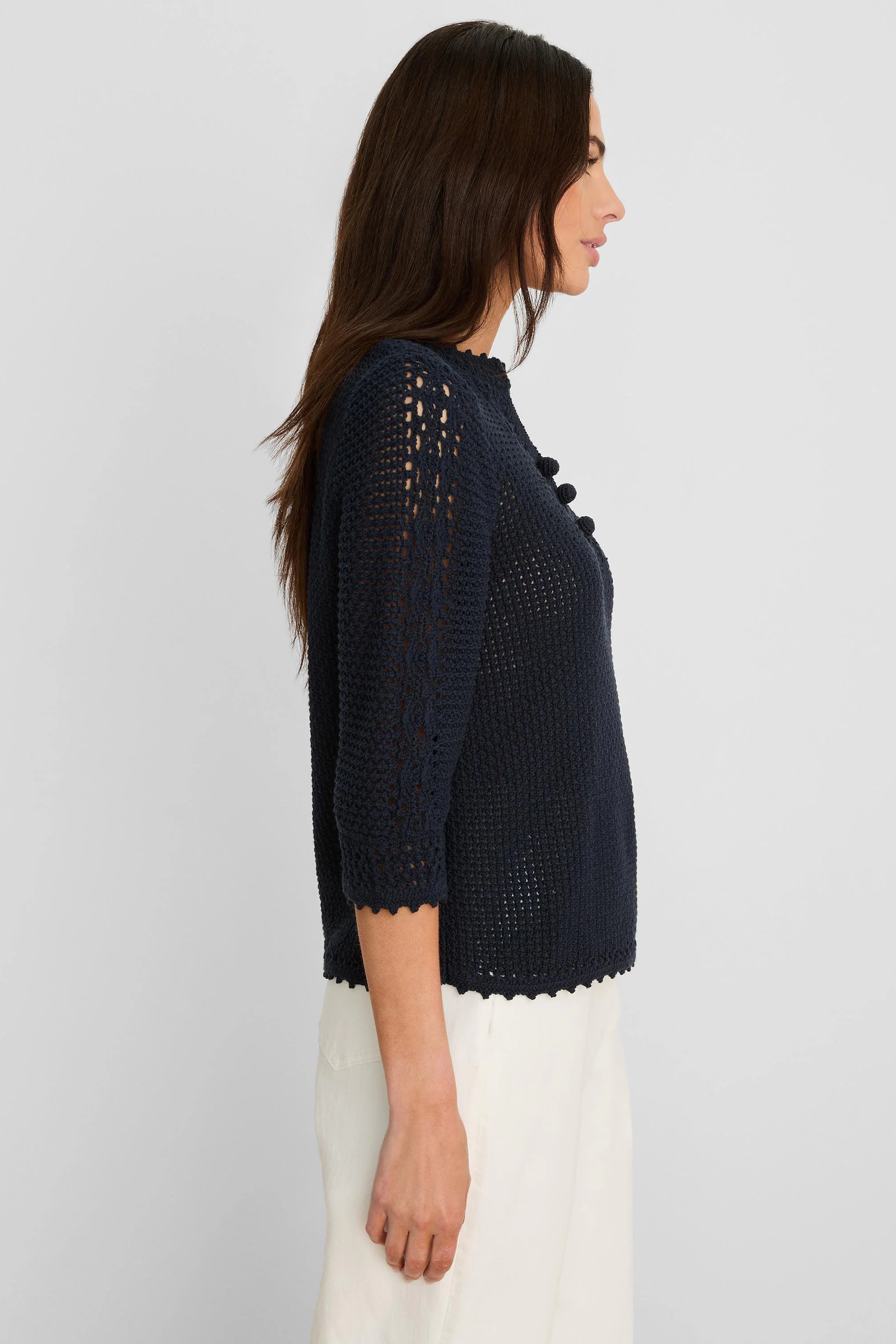 Navy crochet mesh sweater with mock neck, 3/4 sleeves, bobble details, and scalloped edges.