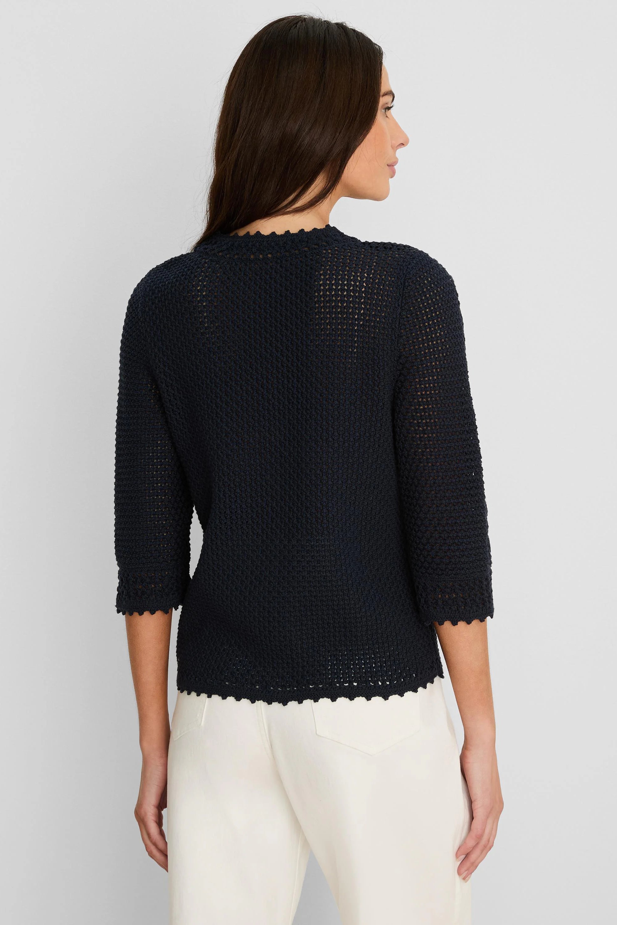 Model wearing dark blue crochet mesh sweater with 3/4 sleeves and scalloped trim.