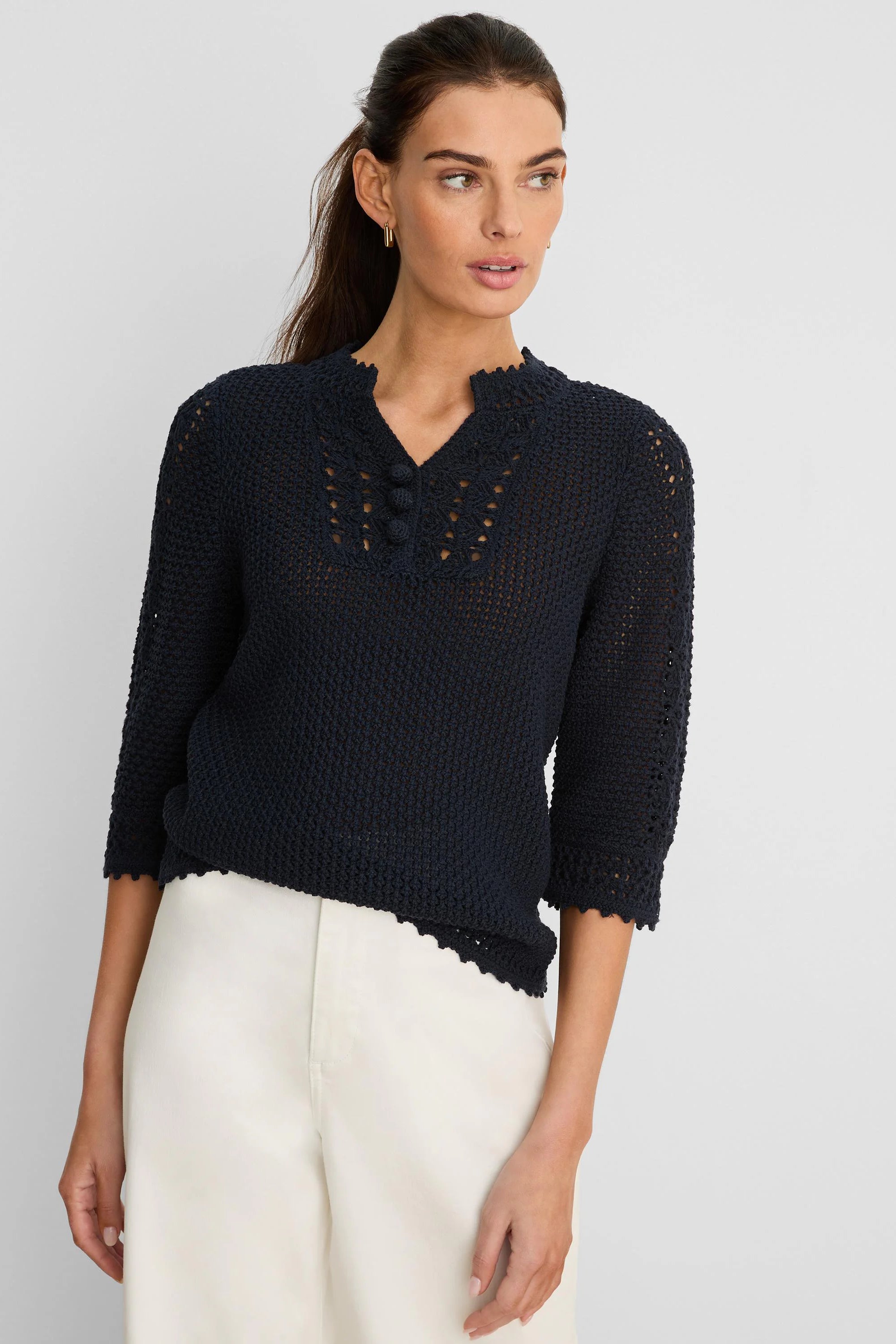Navy crochet mesh sweater with V-neck, 3 decorative buttons, 3/4 sleeves, and scalloped cuffs and hem.