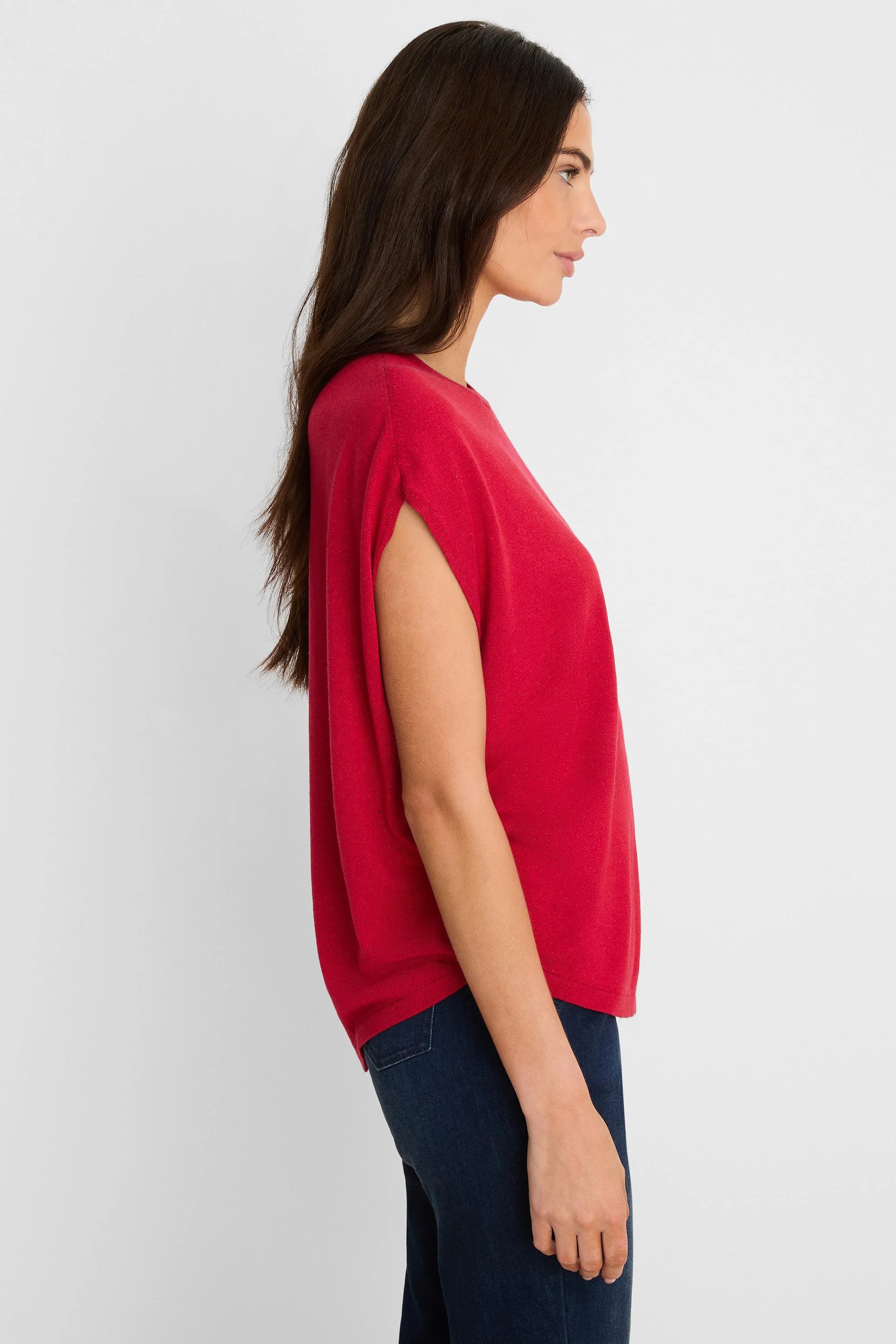 Red loose-fit sweater with short, open, draped sleeves and a round neckline.