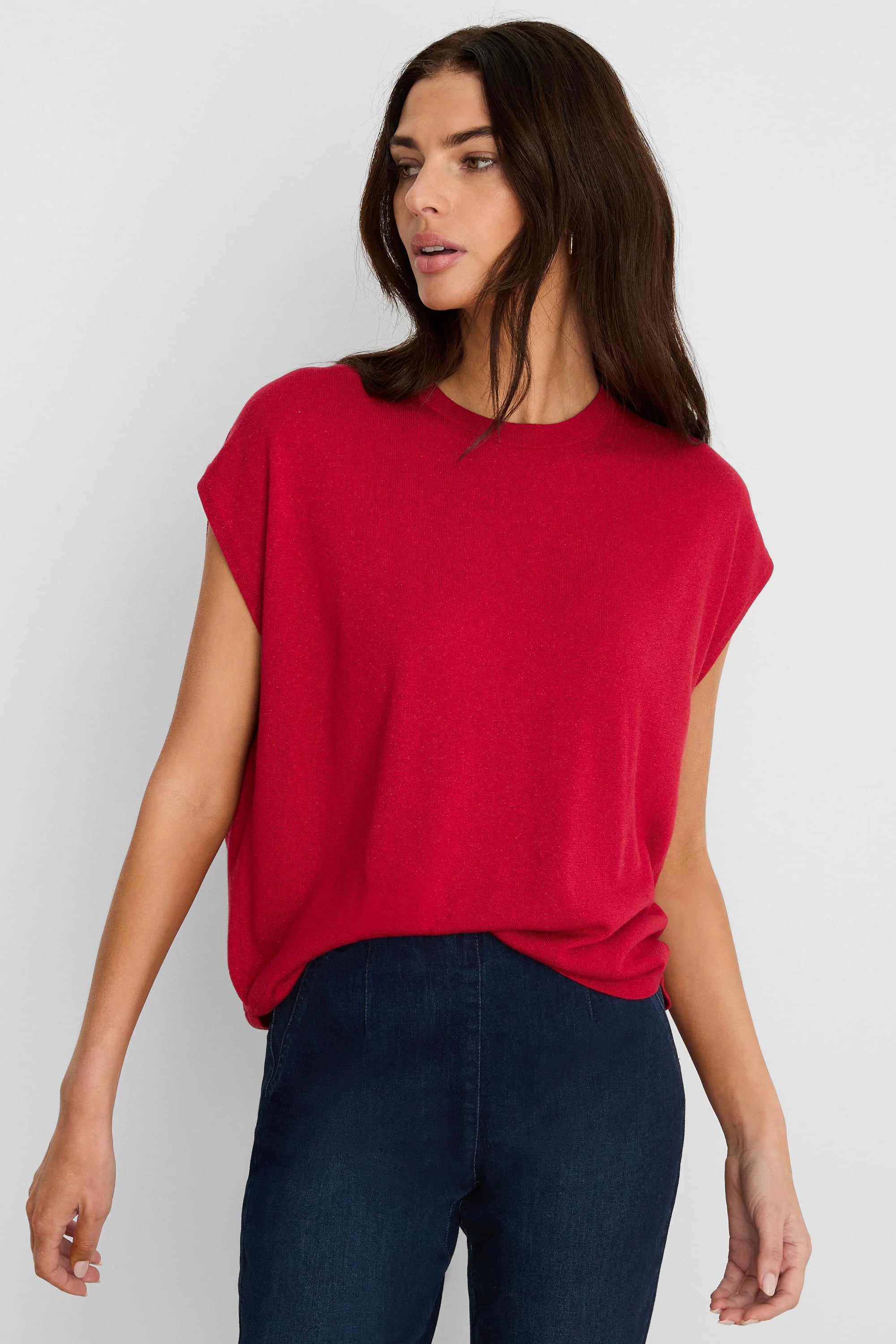 Red, textured knit cocoon sweater with short cap sleeves and a crew neck.