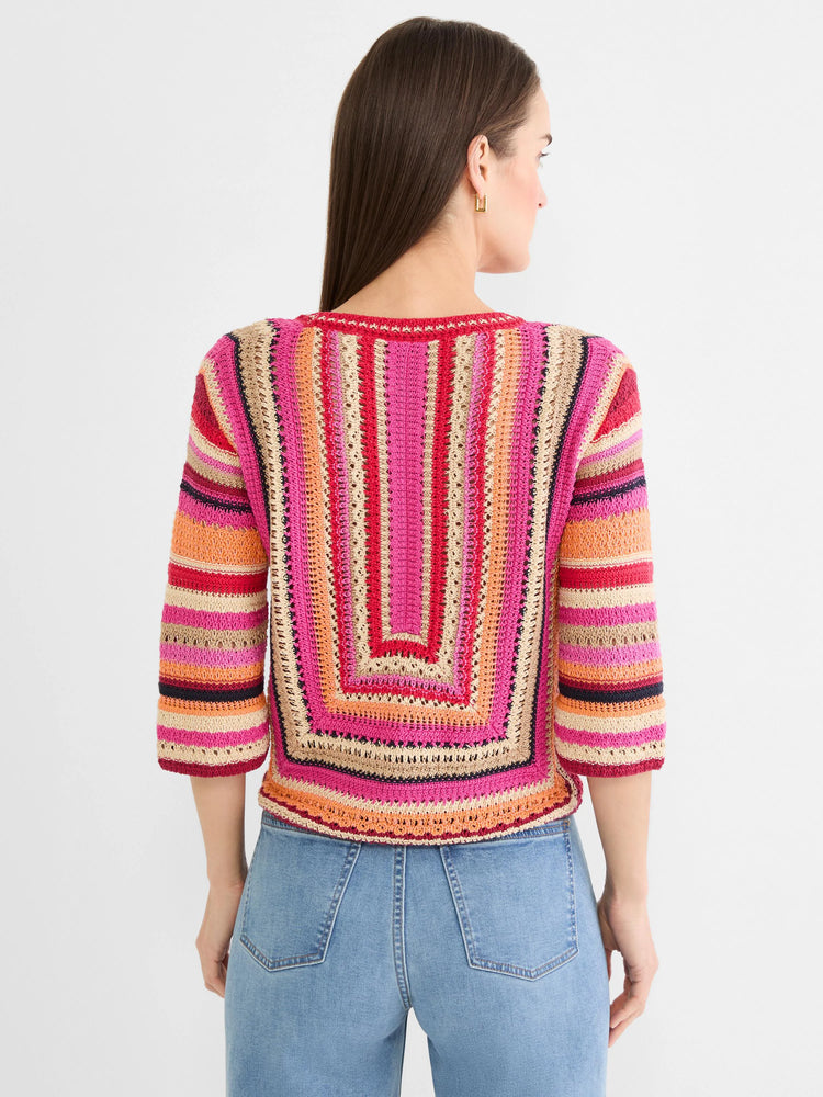 Crocheted sweater with multi-colored stripes: fuchsia, orange, red, beige. Vertical central back, horizontal sleeves.