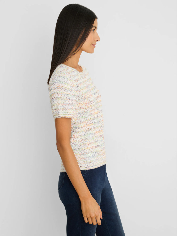 Off-white short-sleeve sweater tee with a palette mix knit: small flecks of orange, blue, green, and pink.