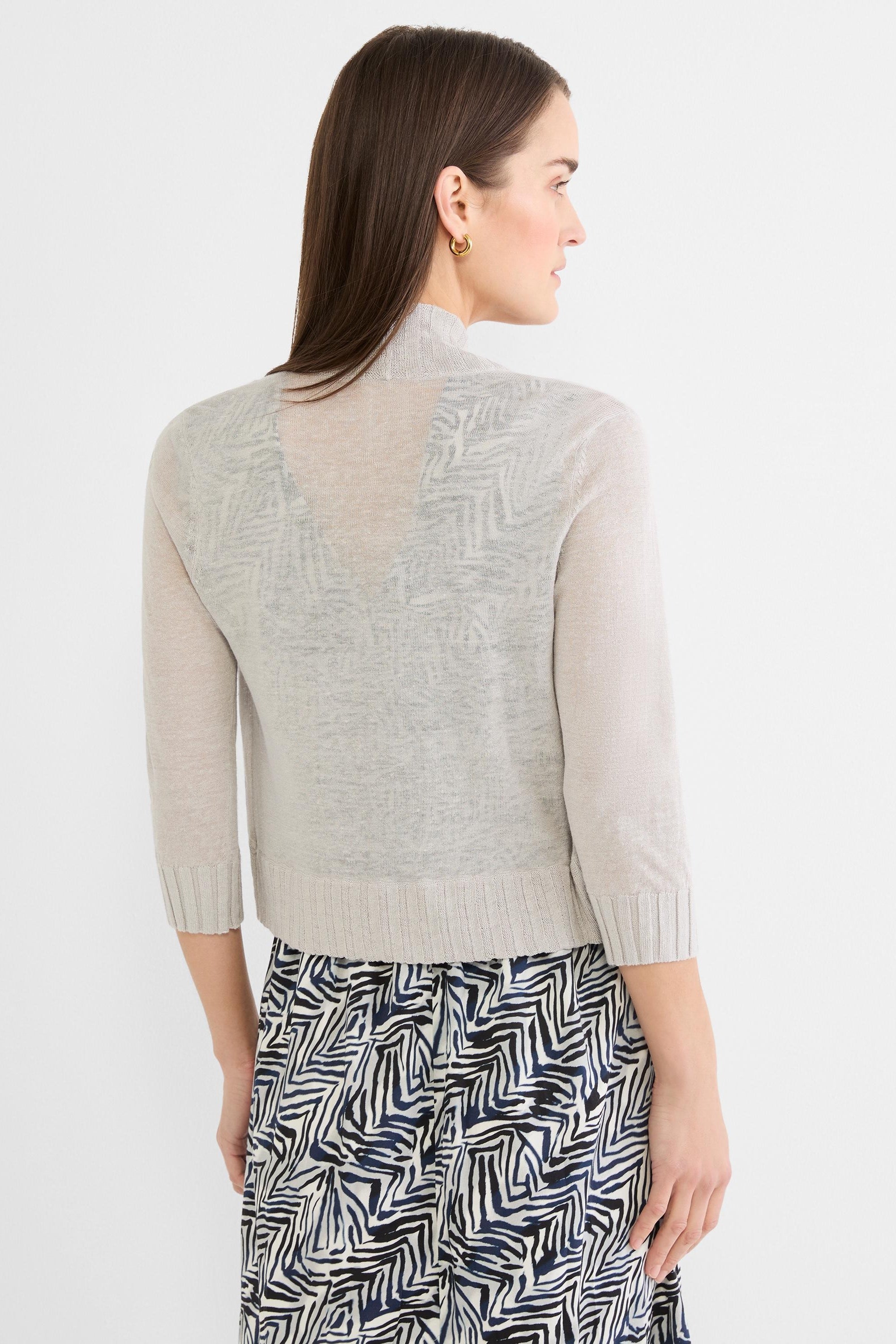 Light grey bolero cardigan with sheer knit, subtle back pattern, 3/4 ribbed sleeves, and mock neck. Waist-length.
