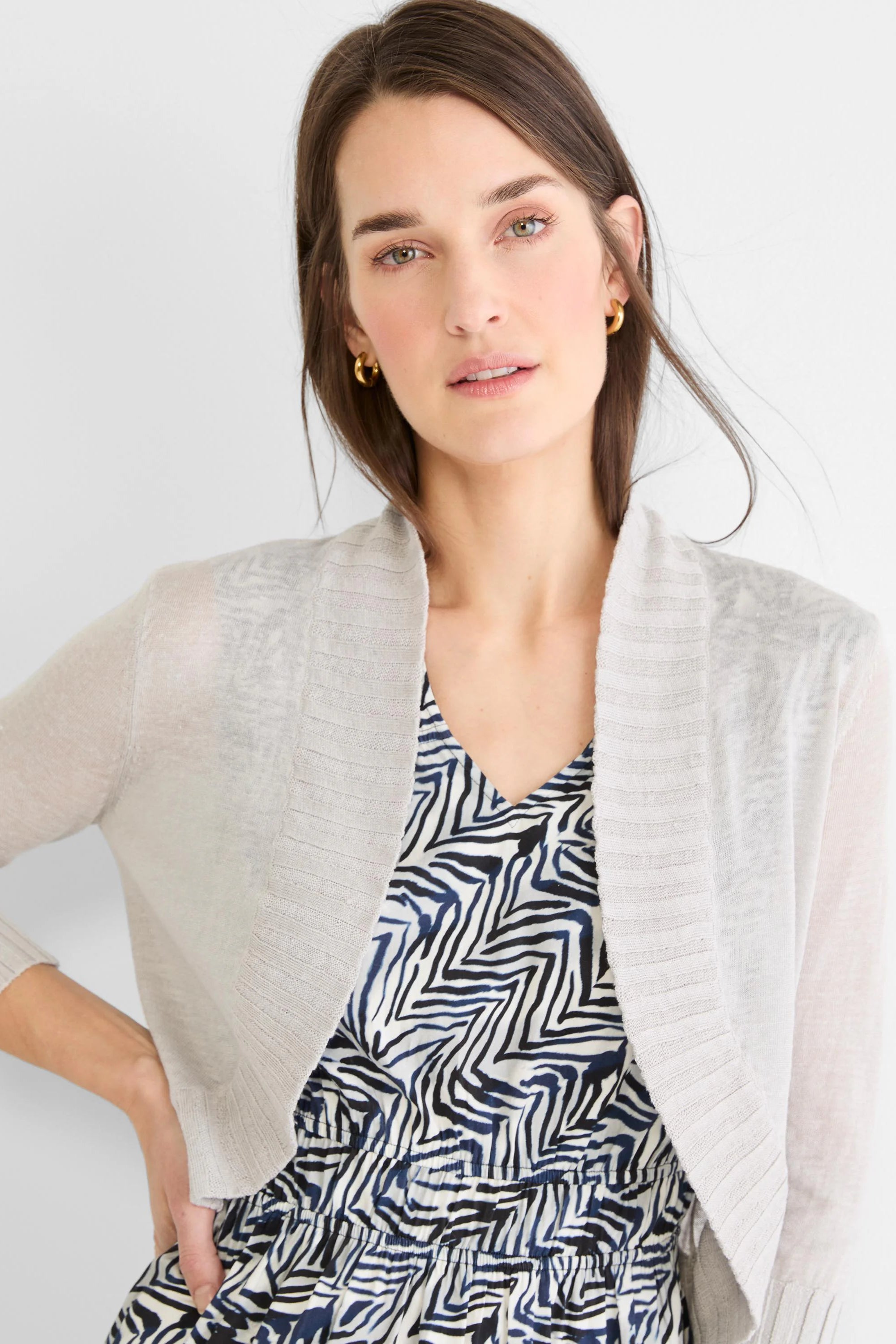 Light grey knit bolero cardigan with open front, long sleeves, and ribbed cuffs and front edges.