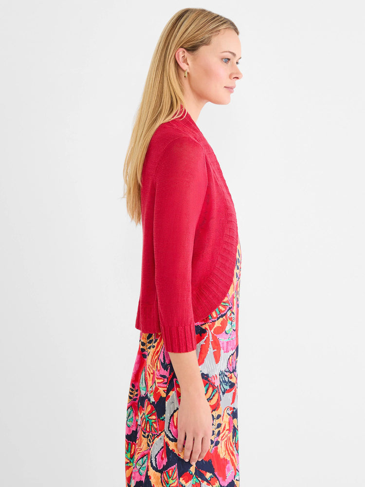 Red bolero cardigan. Cropped, open front, with 3/4 sleeves and ribbed cuffs/trim.