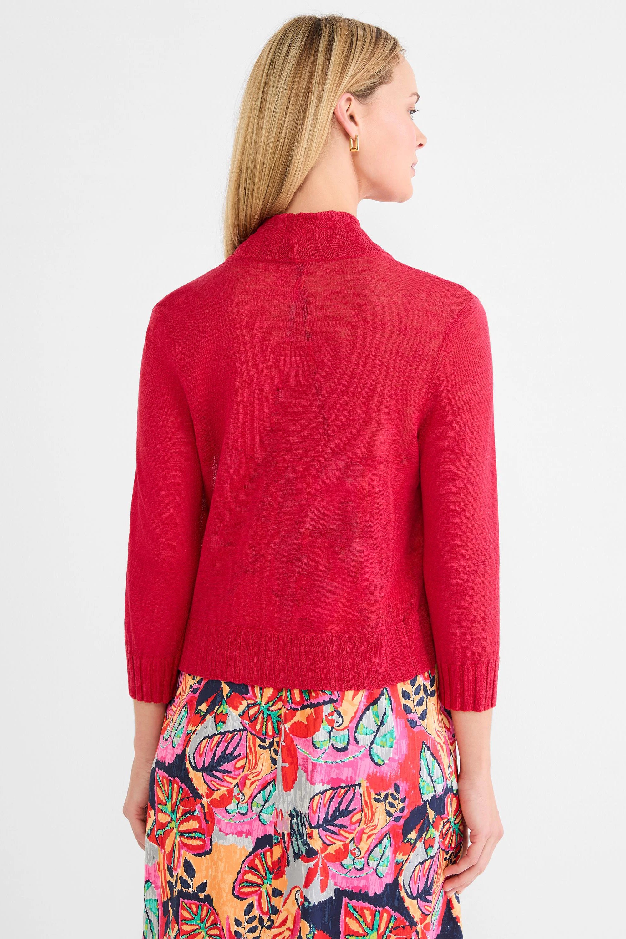 Red bolero cardigan: back view, 3/4 sleeves, stand collar, ribbed cuffs & hem. Lightweight, semi-sheer knit.