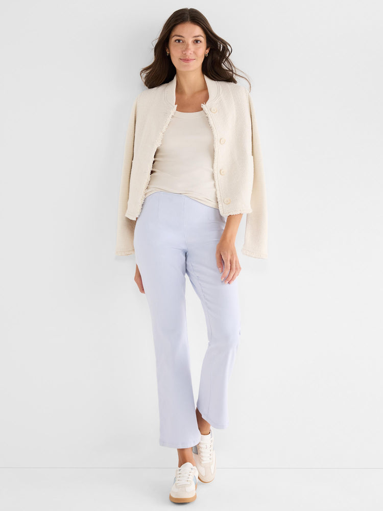 Cropped light blue straight-leg pants with a comfortable high waist and a small hem vent.