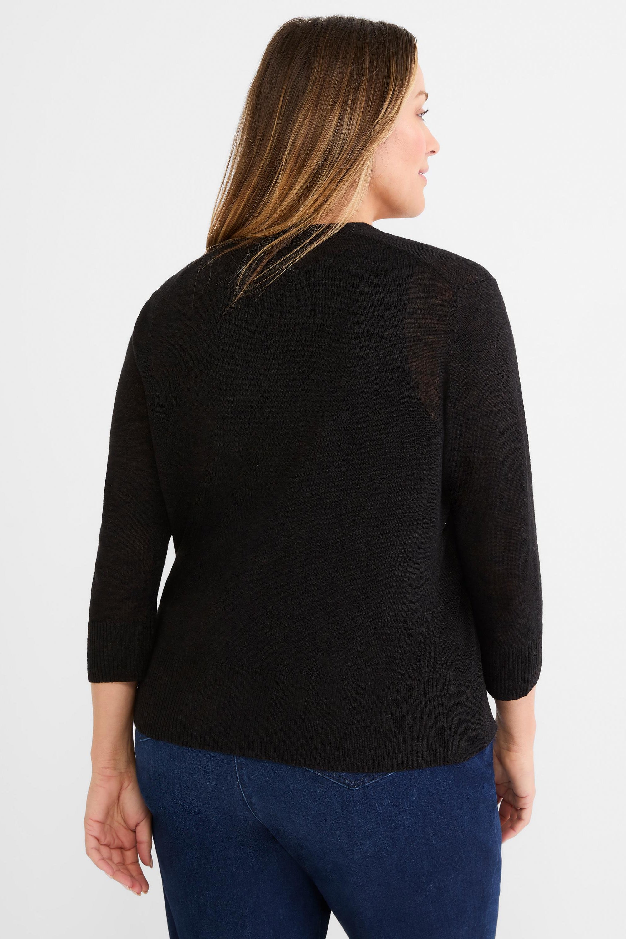 Fitted black fine-knit sweater with three-quarter sleeves and ribbed cuffs, shown from the back profile.