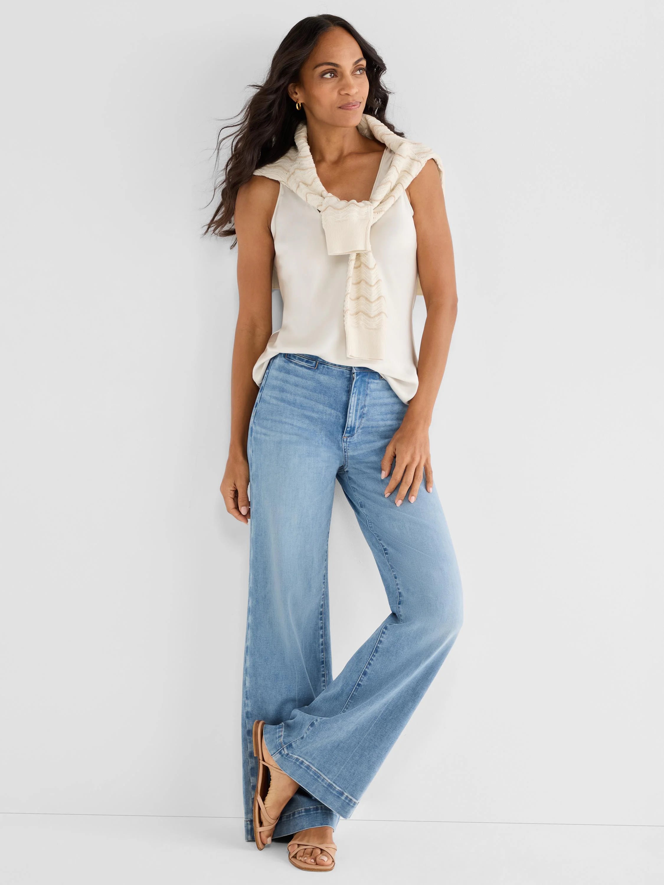 Off-white glossy scoop neck tank.