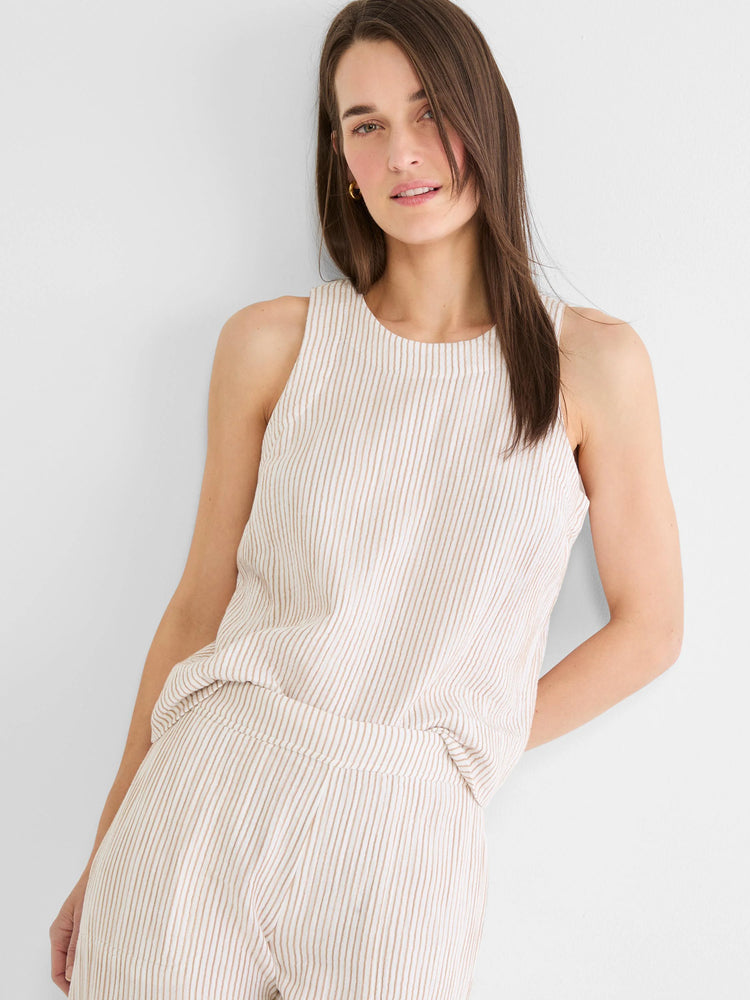 Cream gauze tank top with thin tan pinstripes, round neck, and sleeveless.