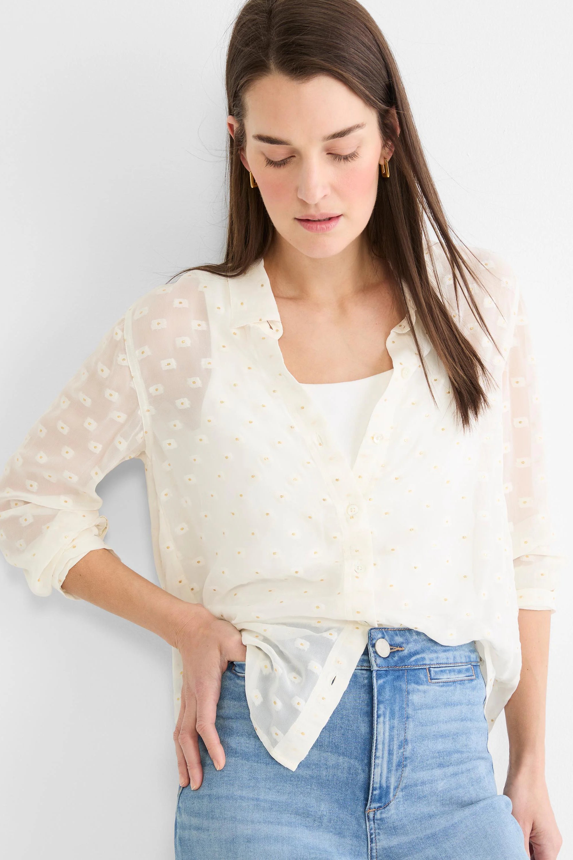 Cream, sheer button-down shirt with small, scattered golden square dots.