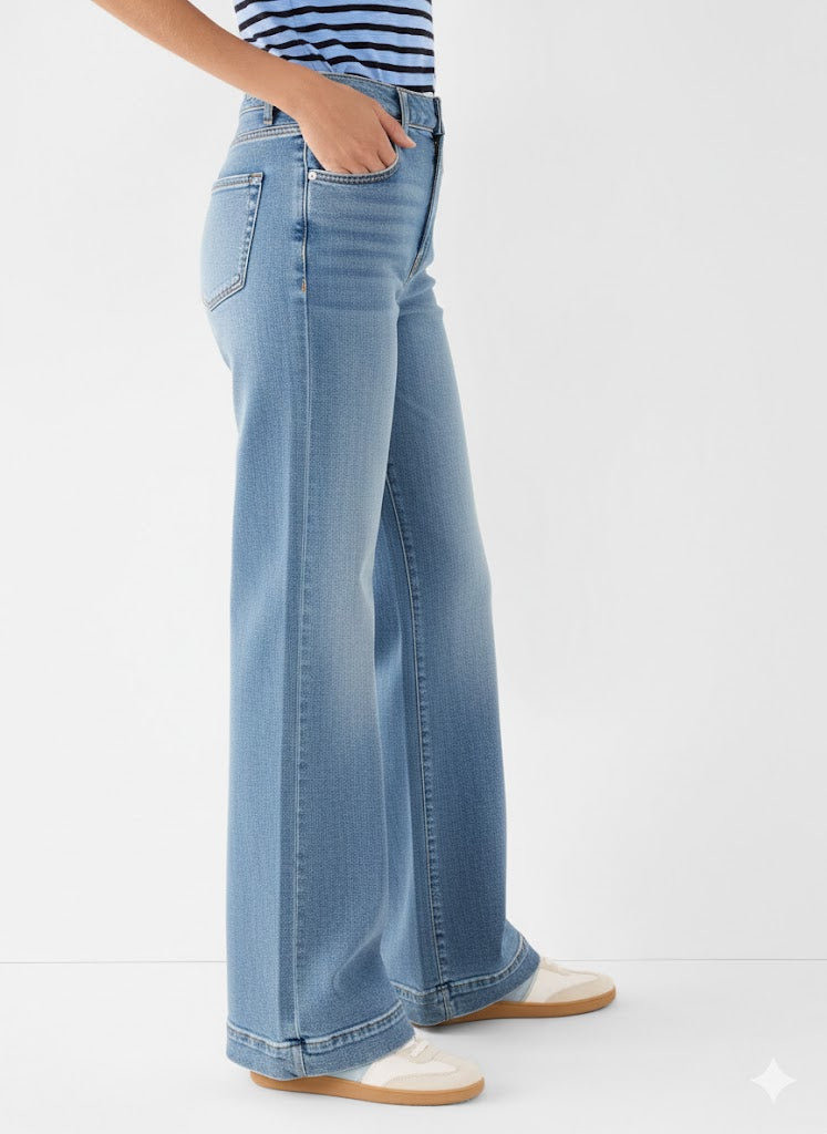 Medium wash high-rise jeans feature a wide leg fit and a stitched cuff detail.