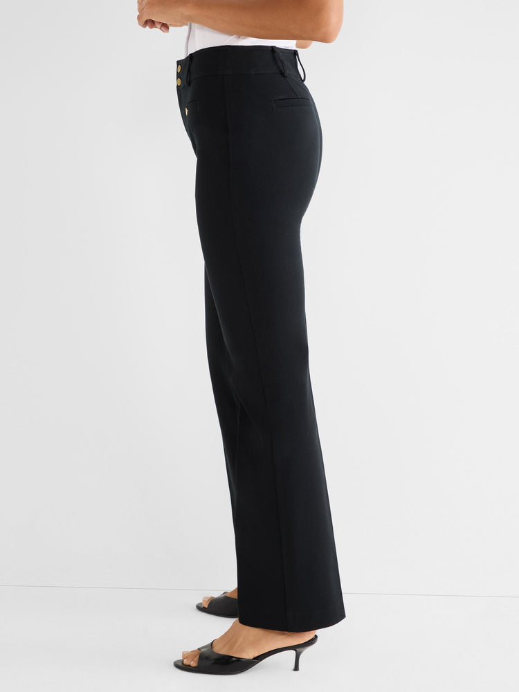 Slim-fit black tailored trousers featuring a high waist, visible side gold buttons, and a straight leg opening.
