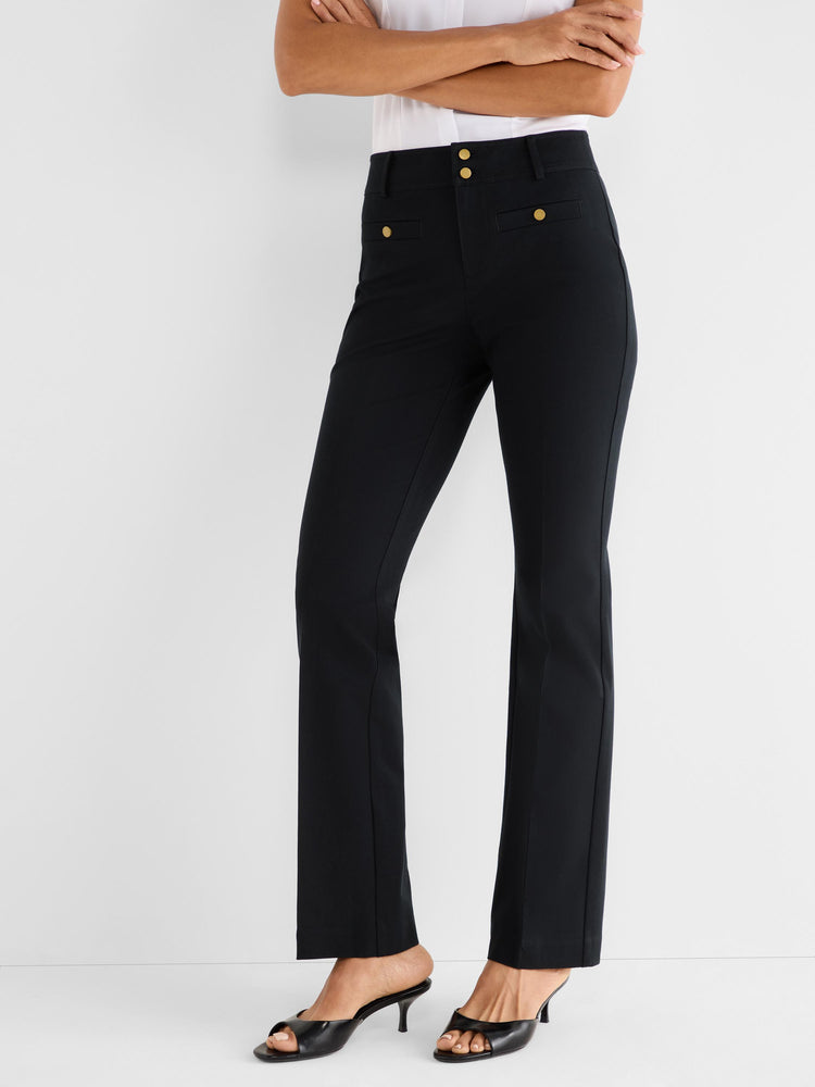 Sleek black high-waisted pants feature a bootcut fit and striking gold button details on the pockets and fly.