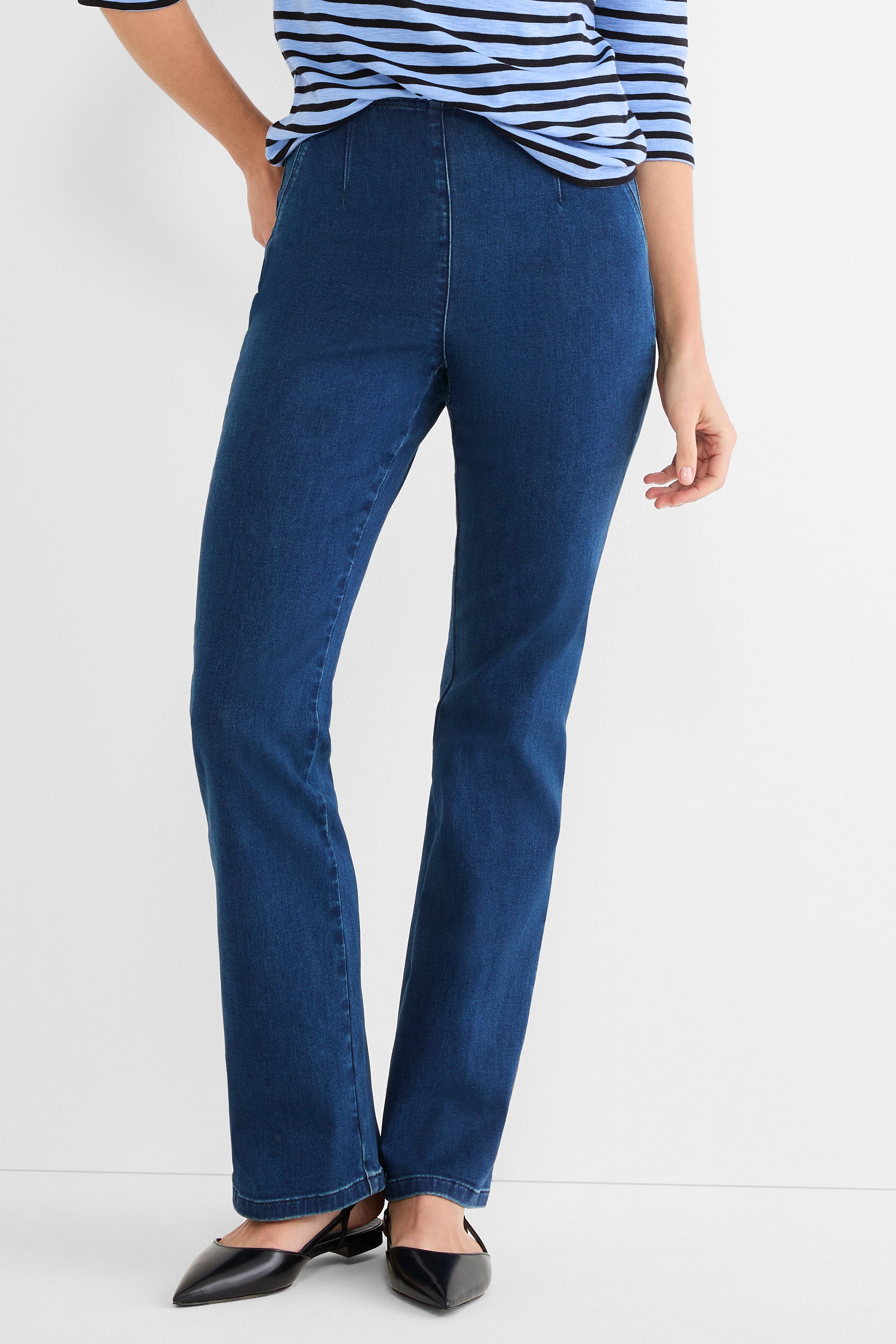 Dark wash denim pants feature a smooth pull-on high waist and a flattering straight leg fit.